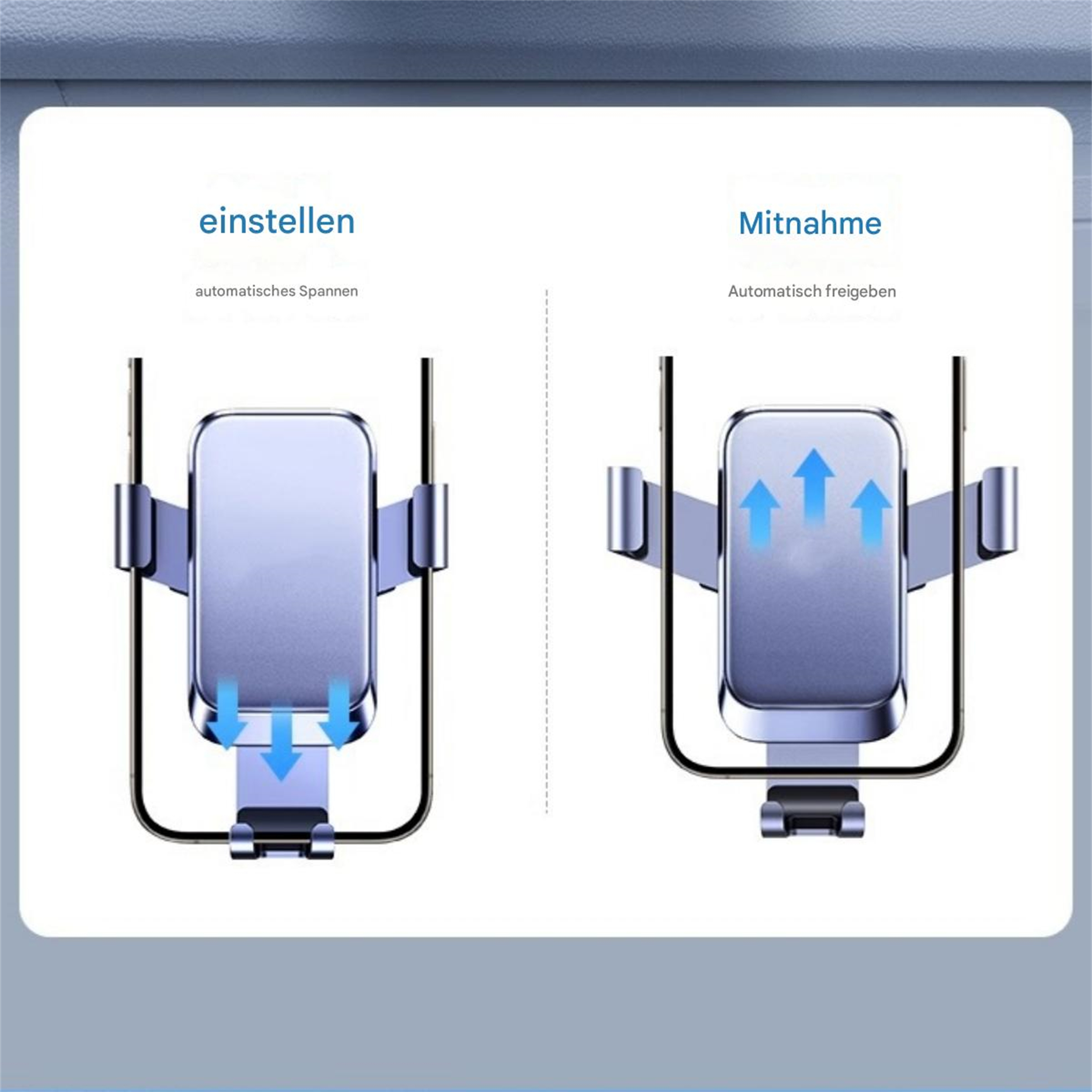 Diagramm, das zeigt, wie der Telefonhalter ein Telefon klemmt und freigibt.