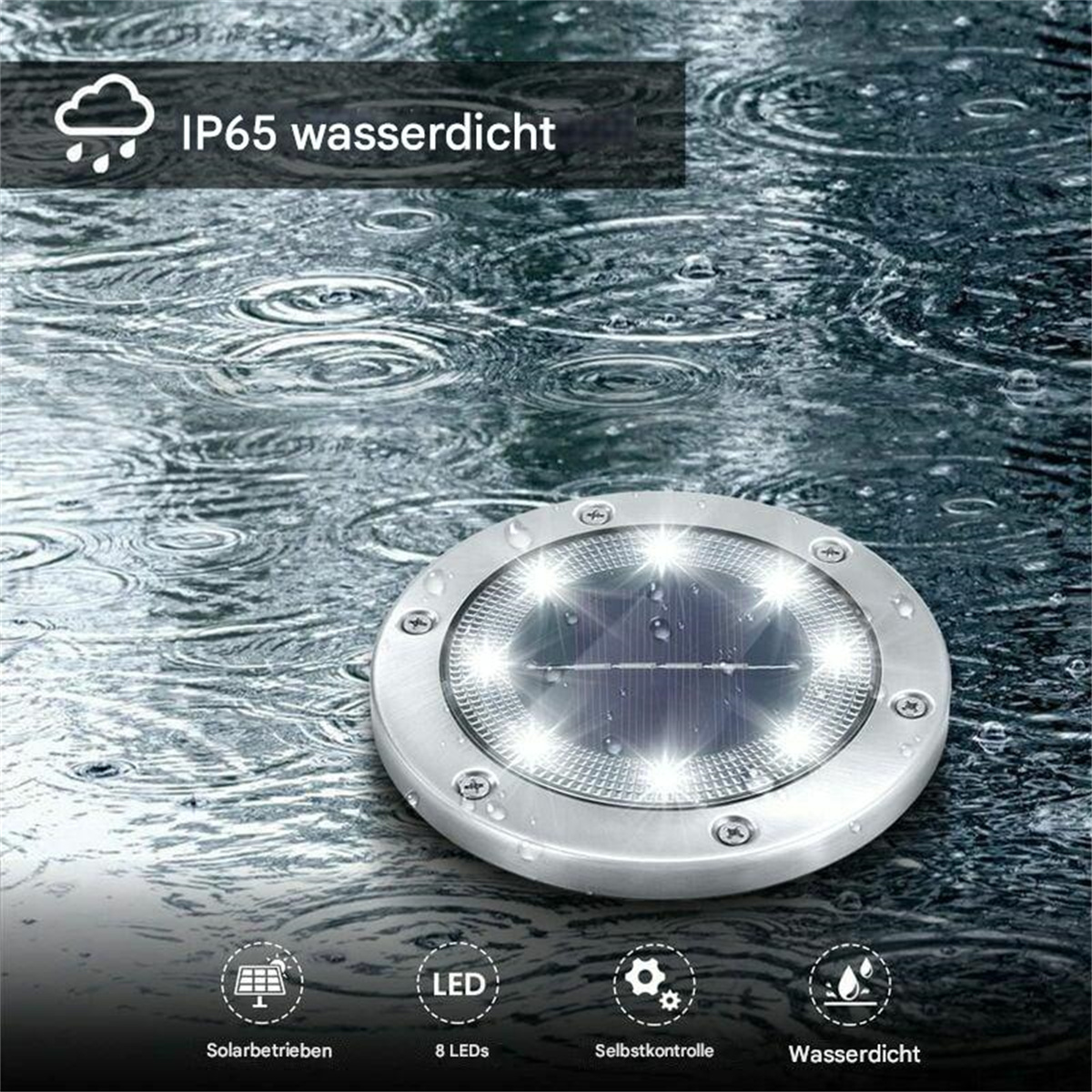 Solarbetriebene Leuchte im Regen, zeigt Wassertropfen und wasserdichten Text.