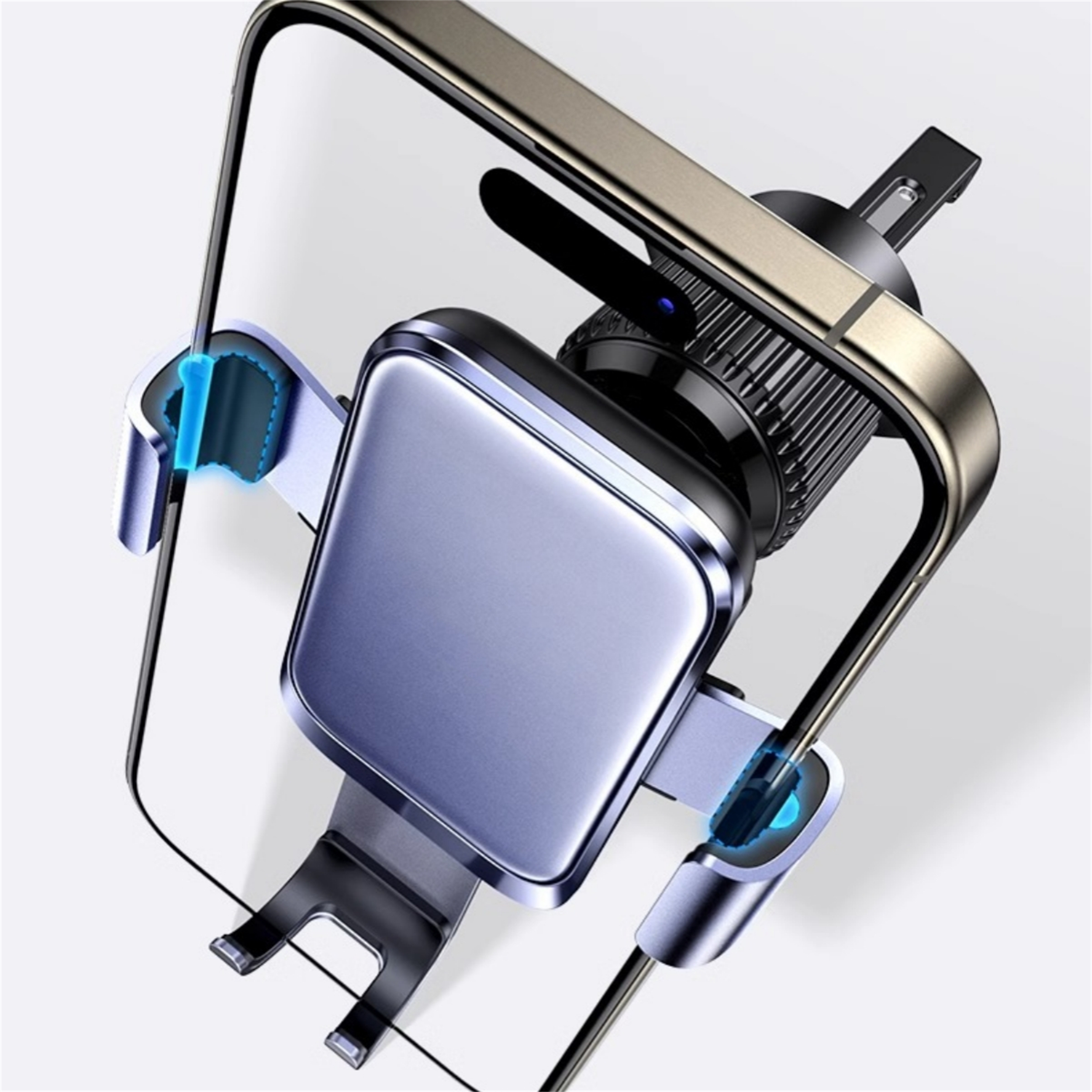 Telefonhalter mit Telefon, metallisch, hält ein Telefon.