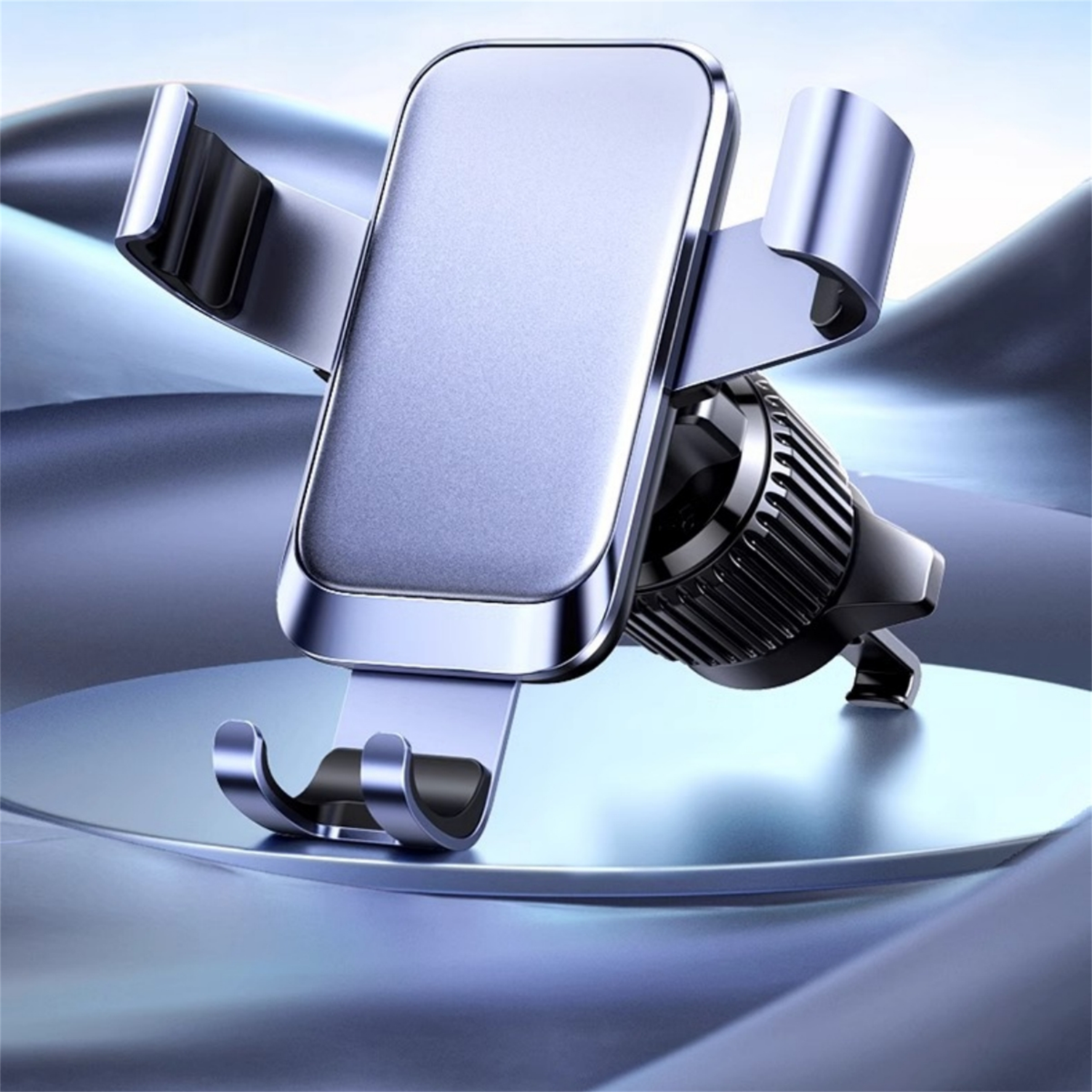 Silberner Autotelefonhalter mit schlankem Design. Er ist aus Metall und am Armaturenbrett befestigt.