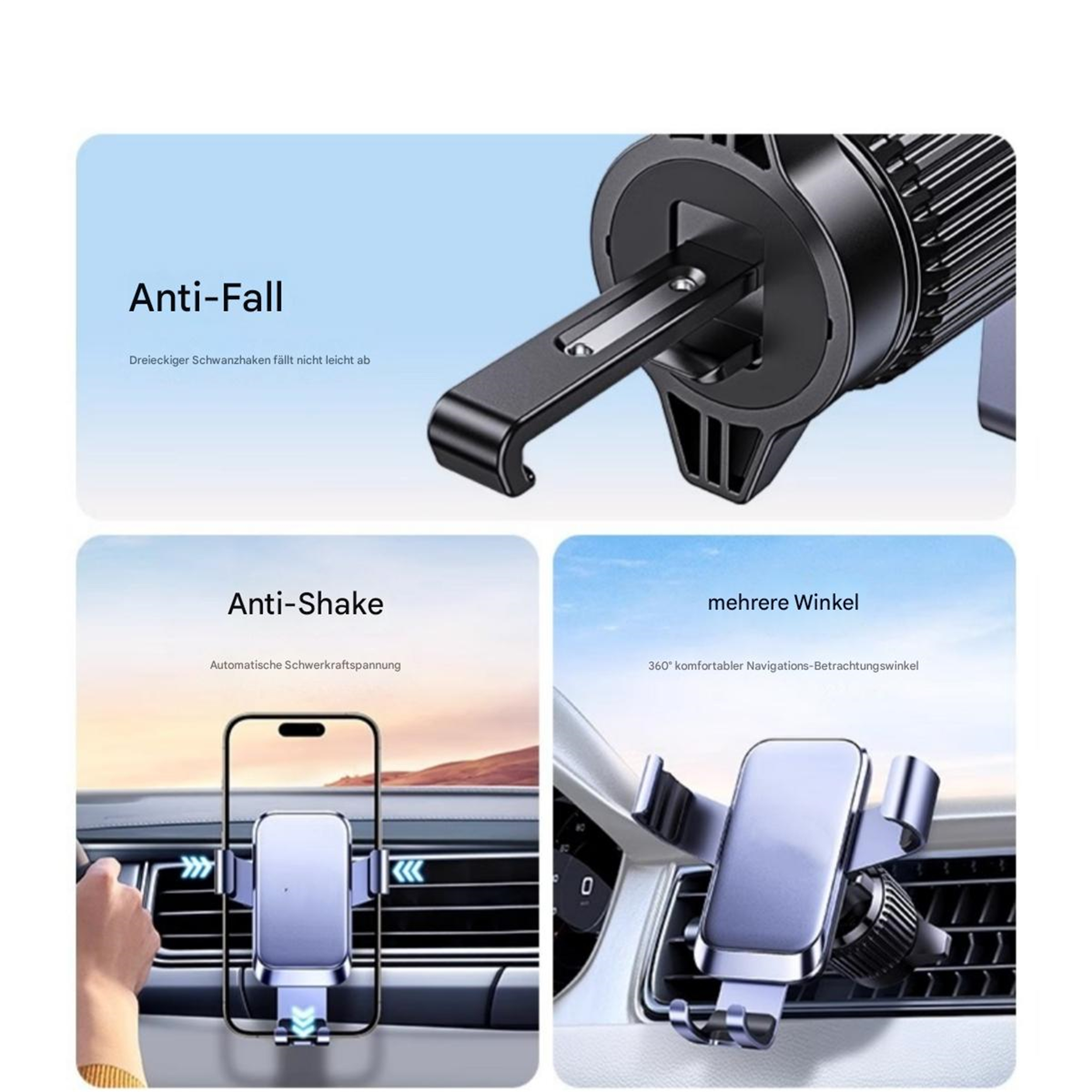 Kfz-Telefonhalter mit Anti-Fall- und Anti-Shake-Funktionen. Enthält verschiedene Winkel zur Navigation.