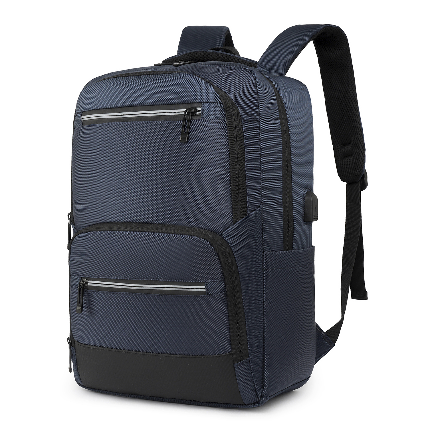 Zaino blu navy con tasche multiple e base nera.