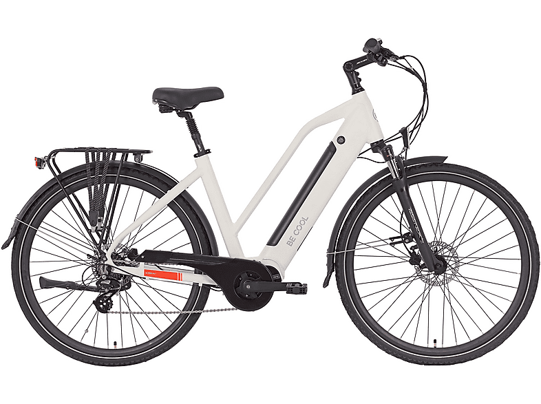 BE COOL City E-Bike Hi1 Damen Citybike (Laufradgröße: 28 Zoll, Unisex-Rad, Weiß/Orange)