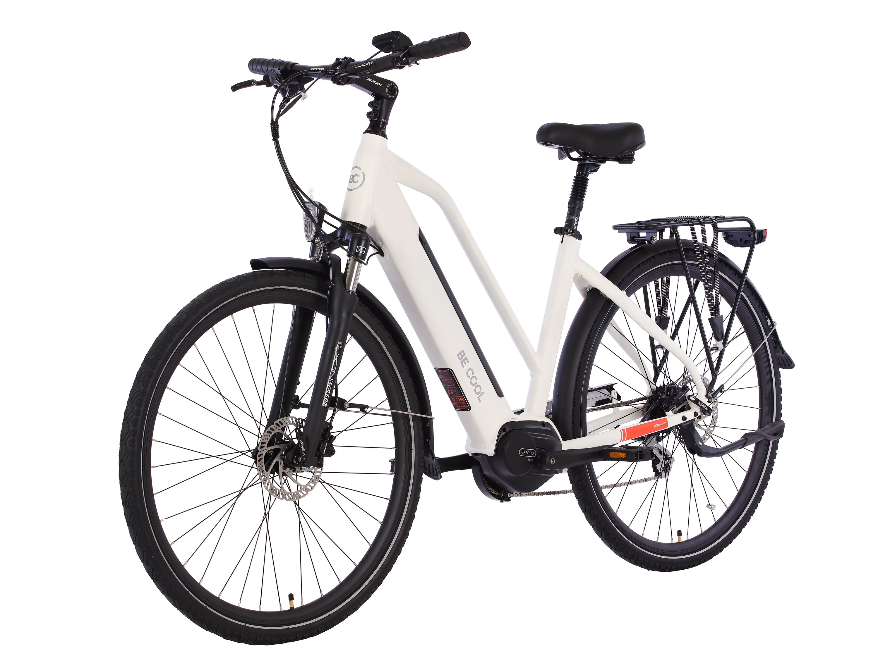 Weißes und schwarzes Elektrofahrrad mit Gepäckträger.
