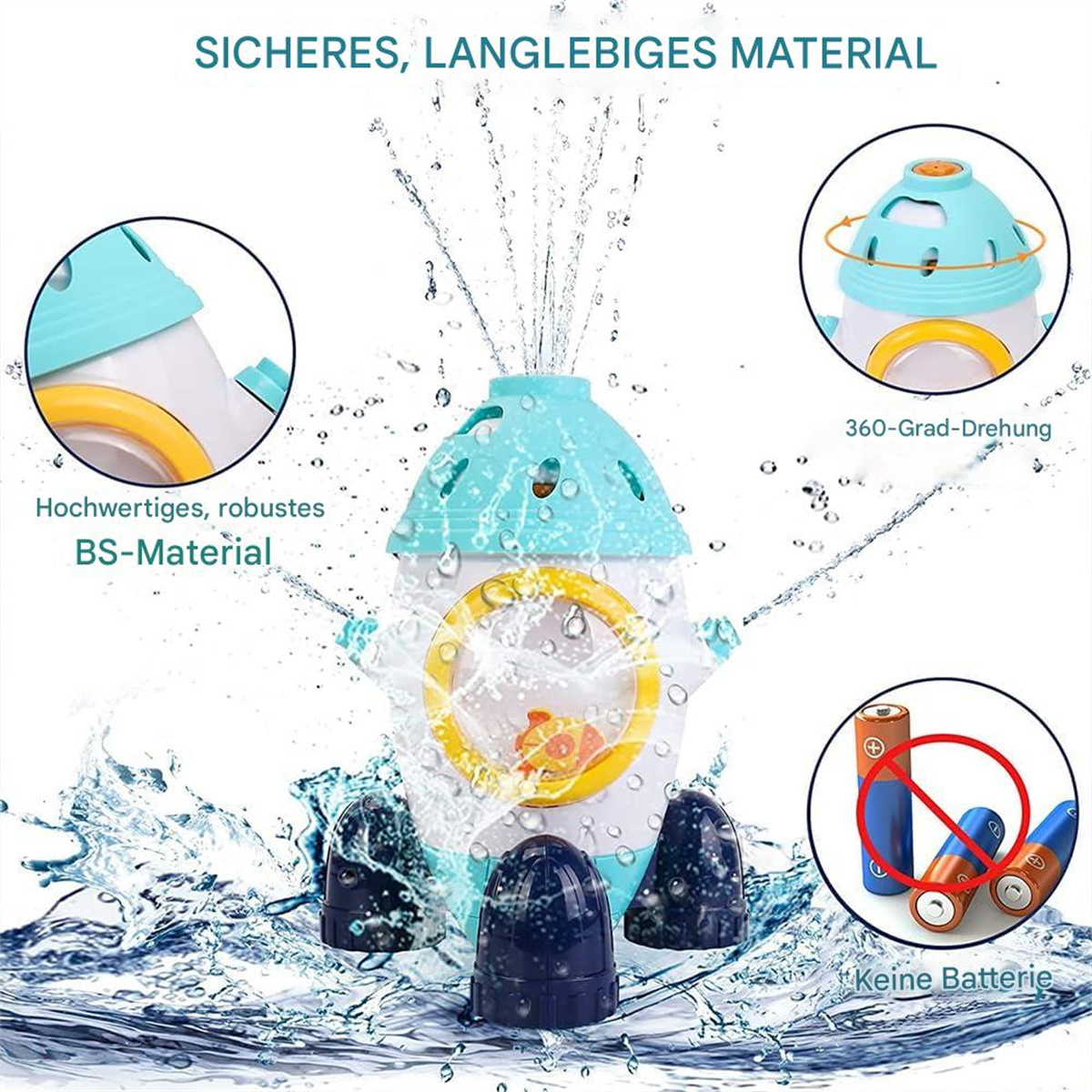 Wasserspielzeug in Raketenform mit Wasserspritzer und Details.
