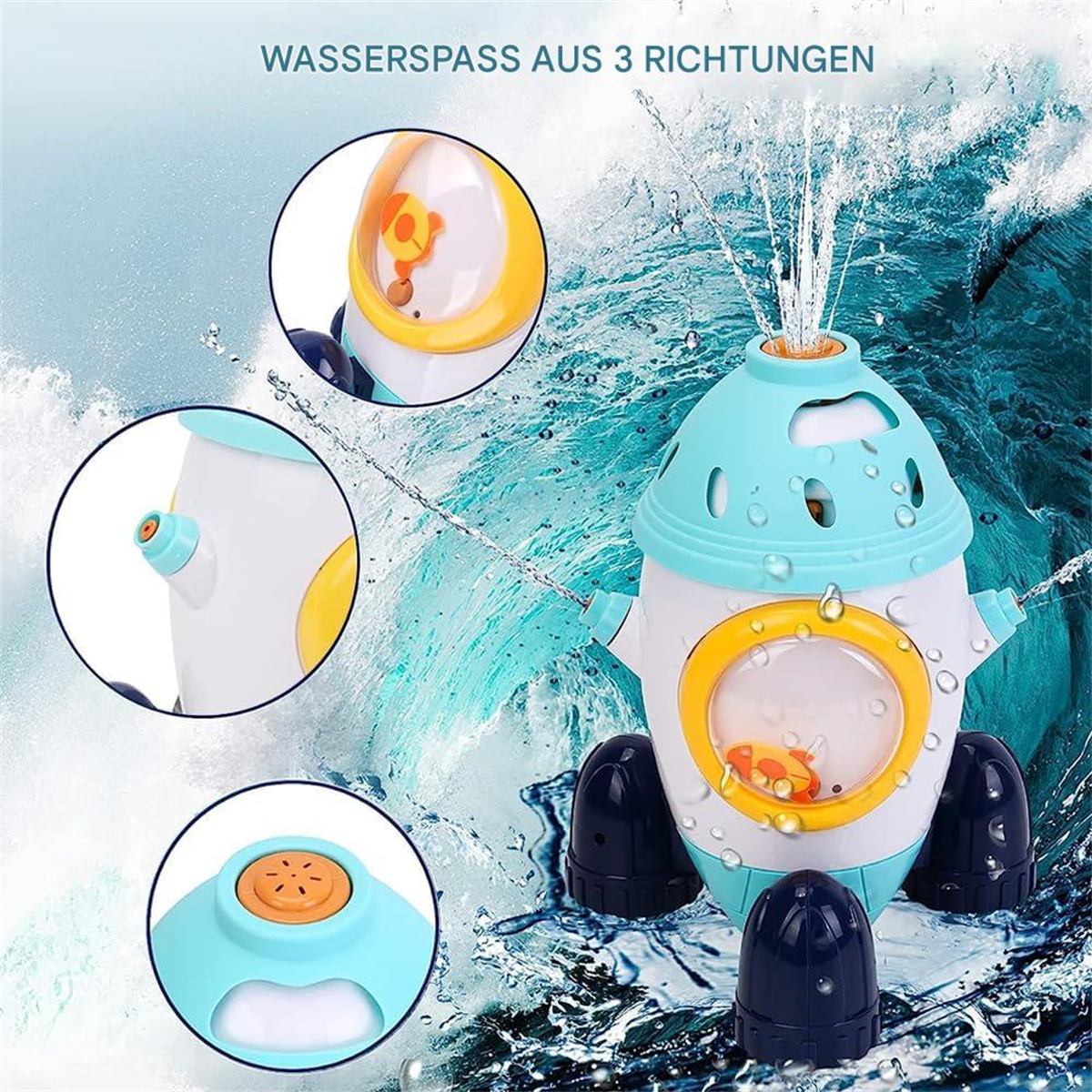 Wasserspielzeug in Raketenform, mit herausspritzendem Wasser.