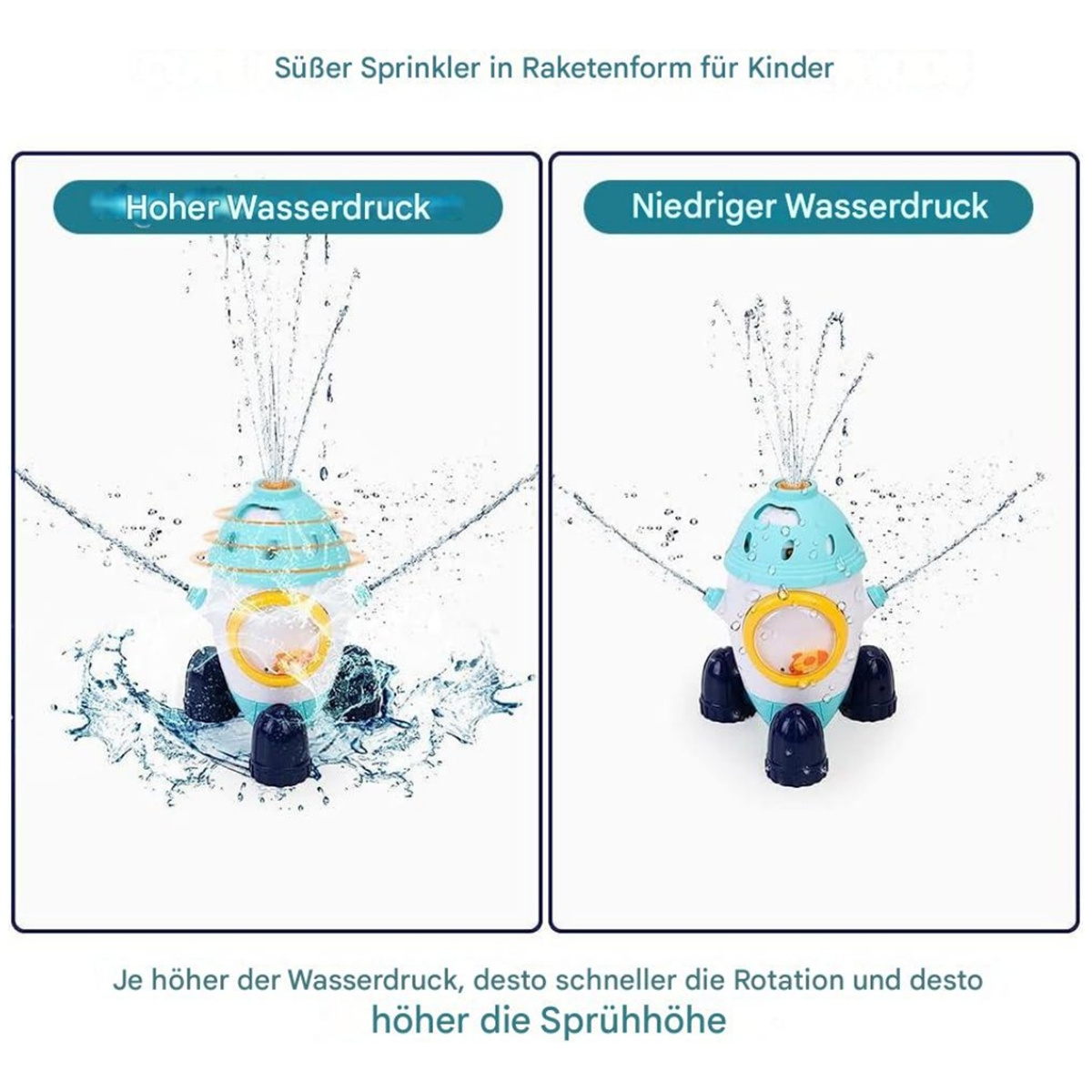 Raketenförmiges Wasserspielzeug, das hohen und niedrigen Wasserdruck zeigt.