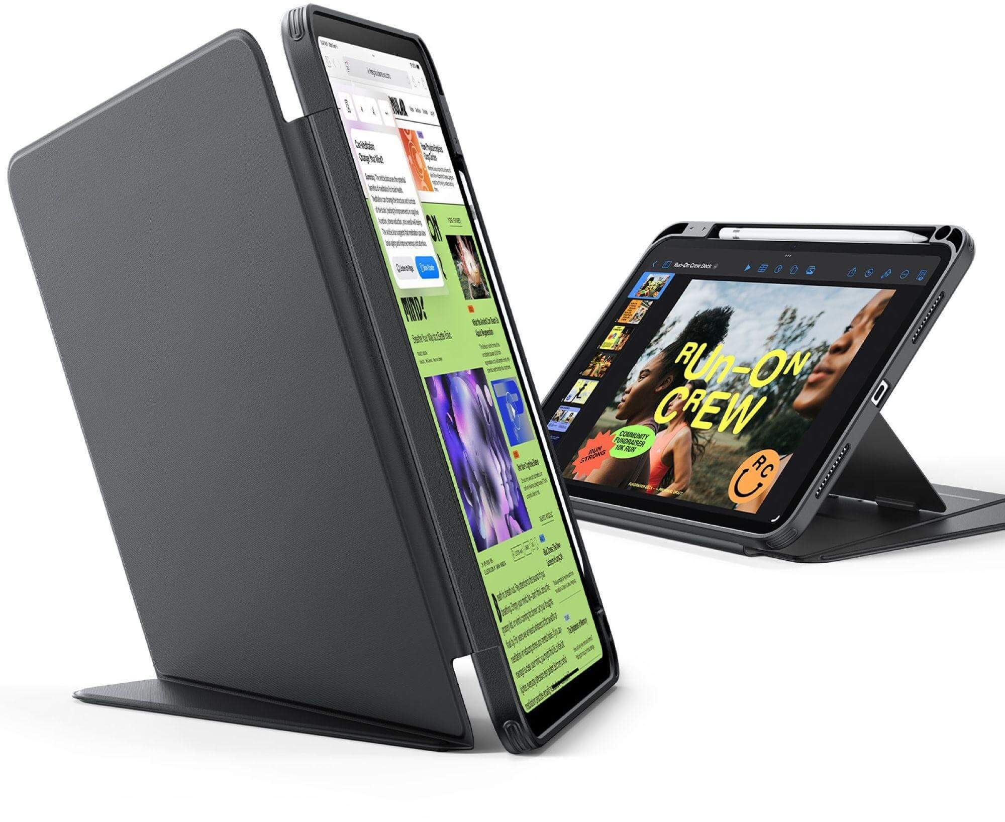 Zwei Tablets in Hüllen. Eines geöffnet, mit einer Website. Das andere zeigt ein Video. Beide sind aufrecht.