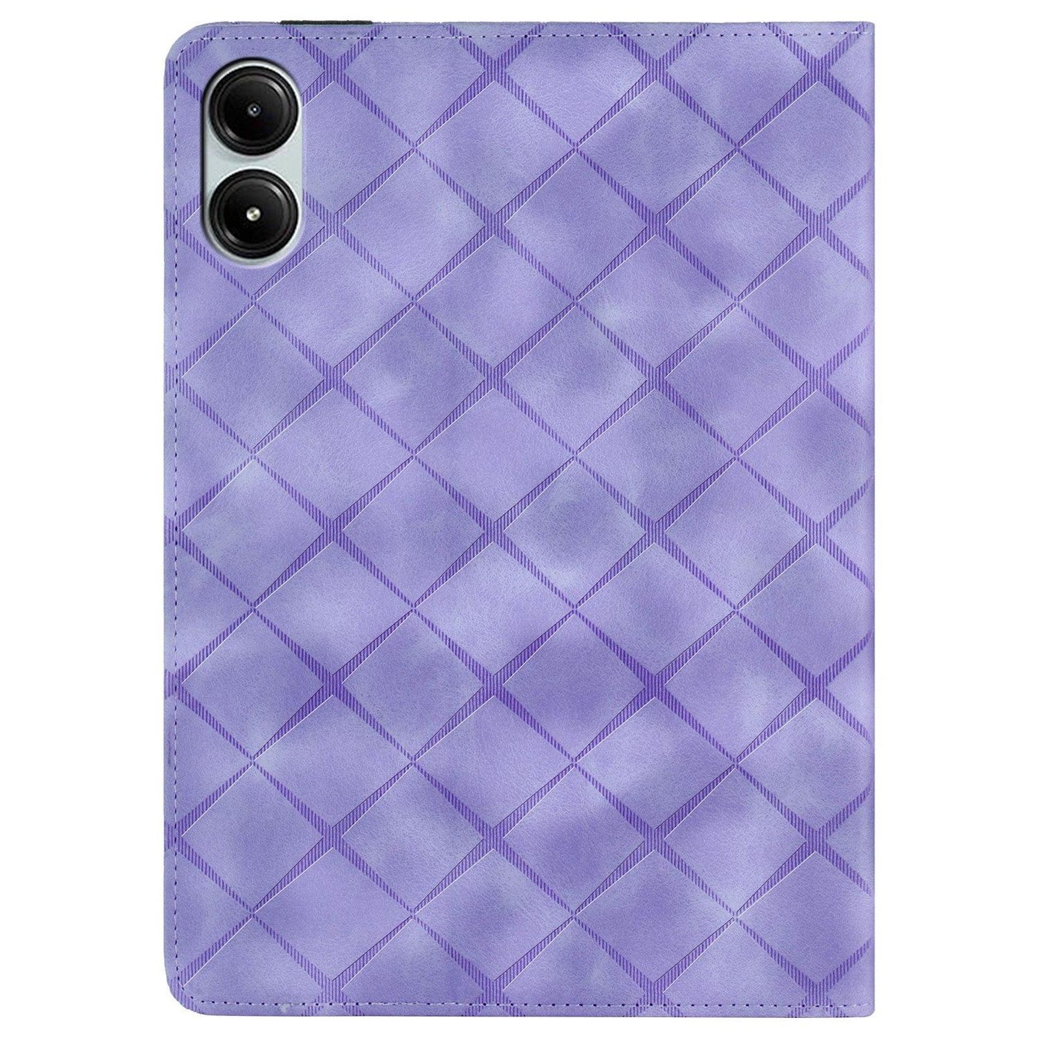 Funda de tableta morada con patrón de diamantes, vista superior.