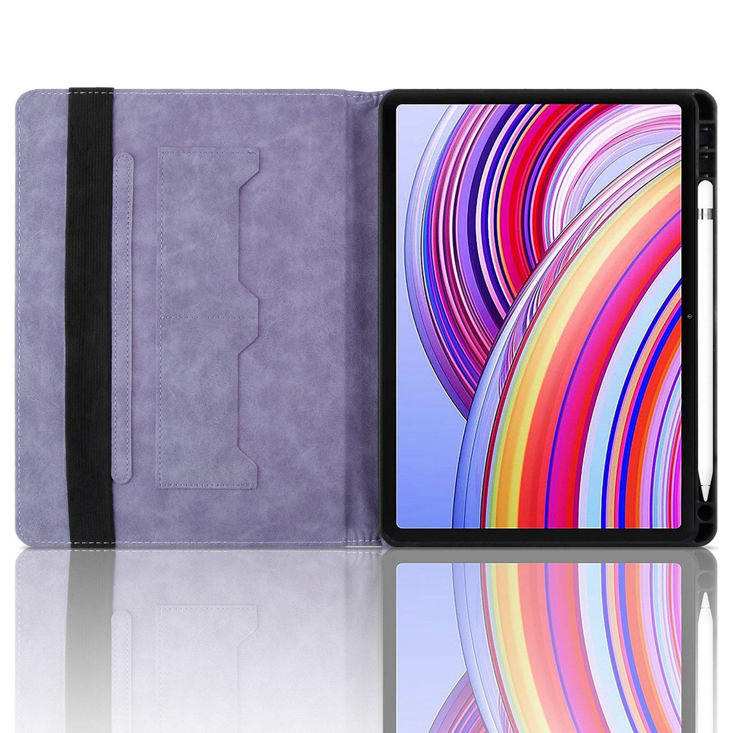 Tableta en una funda morada con banda negra y un lápiz. La pantalla muestra arte colorido.