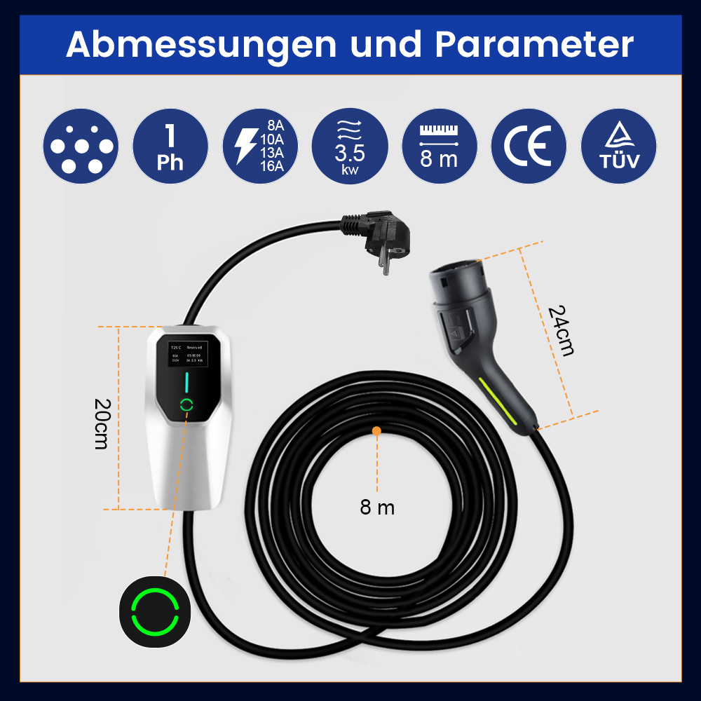 Ein Diagramm eines EV-Ladegeräts mit Abmessungen, Anschlüssen und Leistungsdaten.