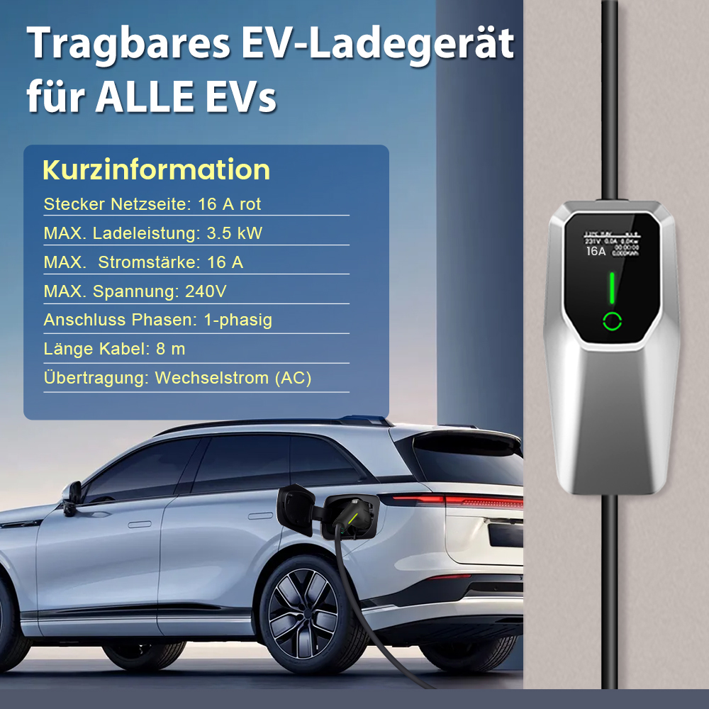 Ein weißes Elektroauto lädt. Ein Ladegerät zeigt Informationen an. Text: Tragbares EV-Ladegerät für ALLE EVs.