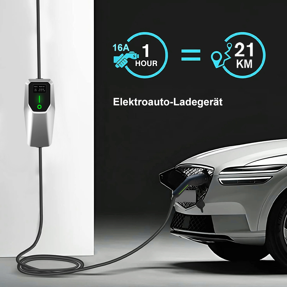 Elektroauto lädt. Ladegerät, Kabel und Auto. Text zeigt 1 Stunde = 21 km. Schwarzer Hintergrund.