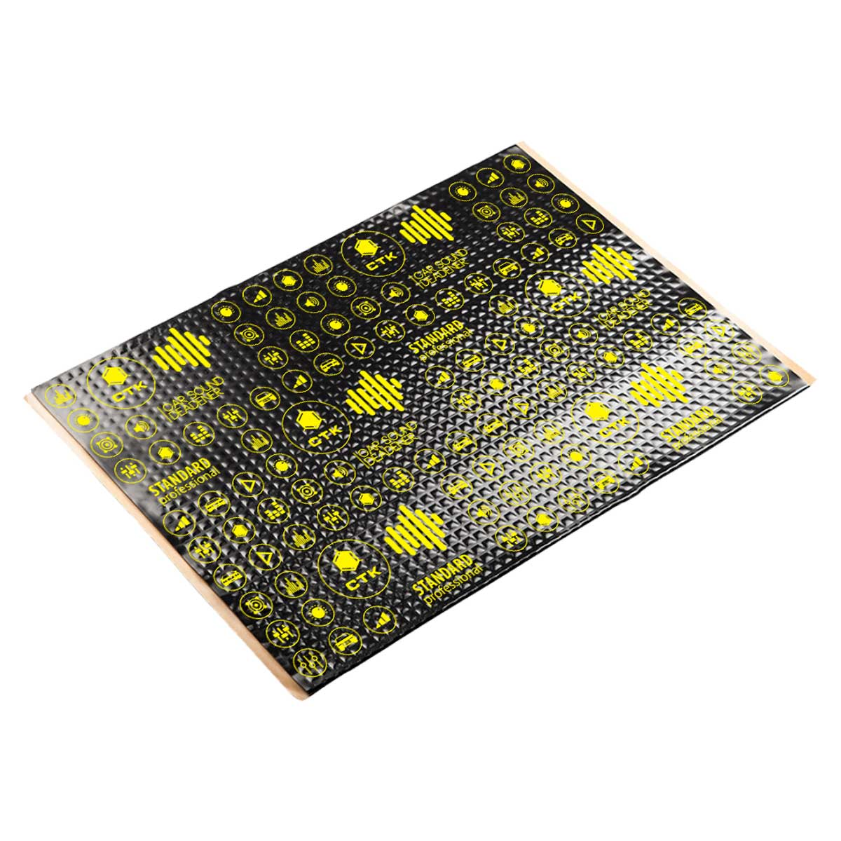 Ein Schalldämpfungsmaterial wird gezeigt. Gelbe und schwarze Quadrate und Kreise. Text: Ihr Sound-Design.