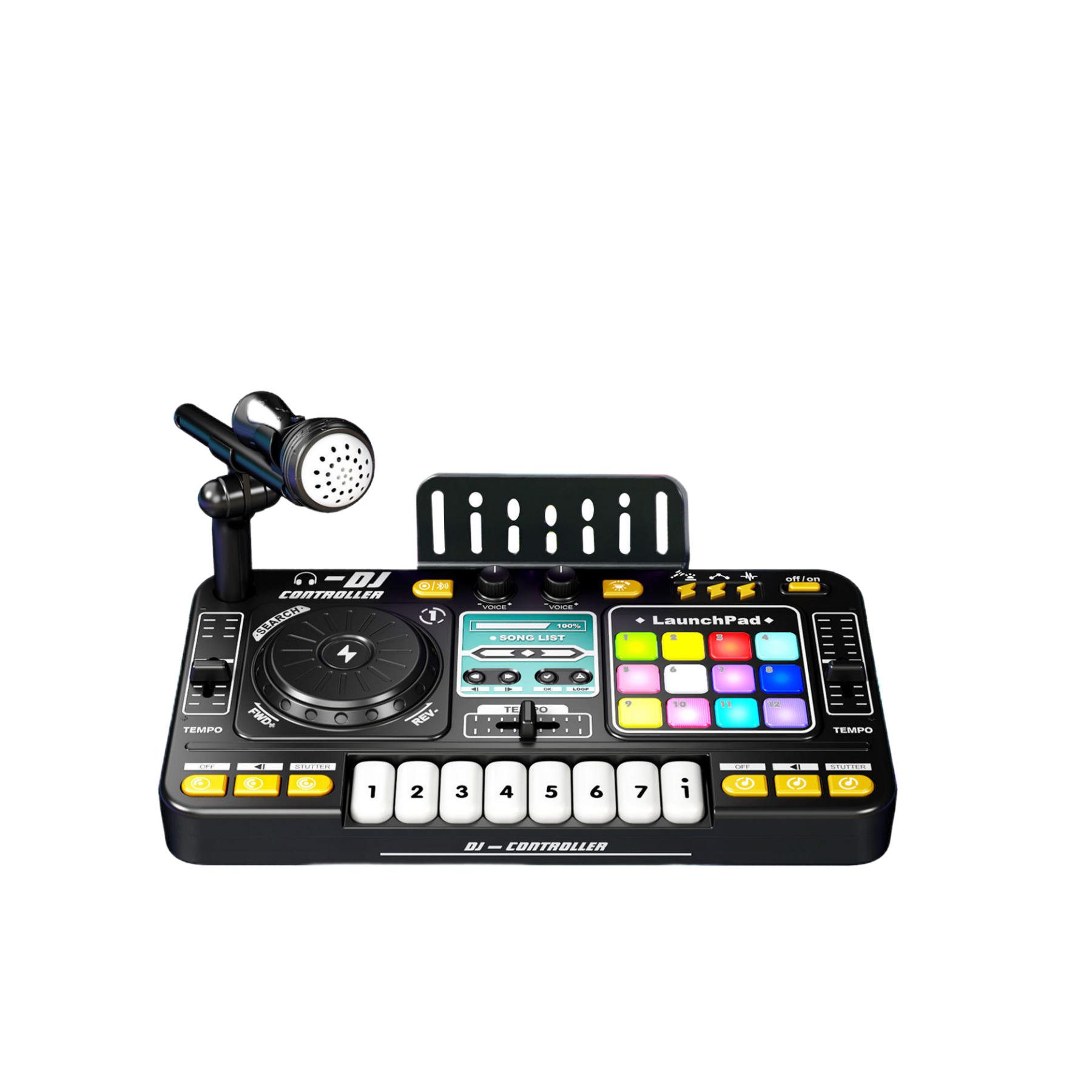 Schwarzer DJ-Controller mit Mikrofon, Lichtern und Knöpfen. Hat Launchpad+ Sektion.