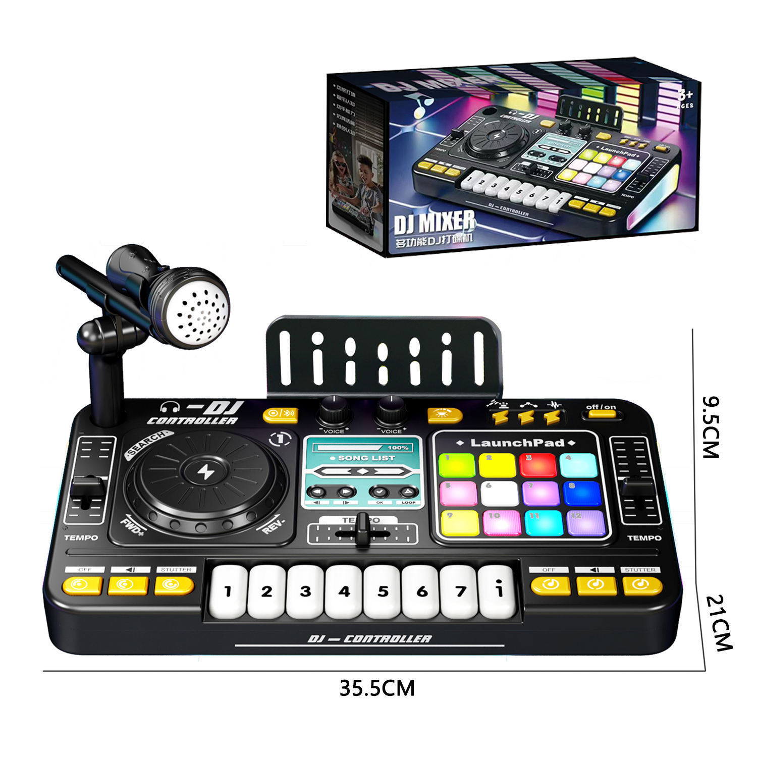 DJ-Mixer-Spielzeug mit Mikrofon und Box. Abmessungen sind angegeben.