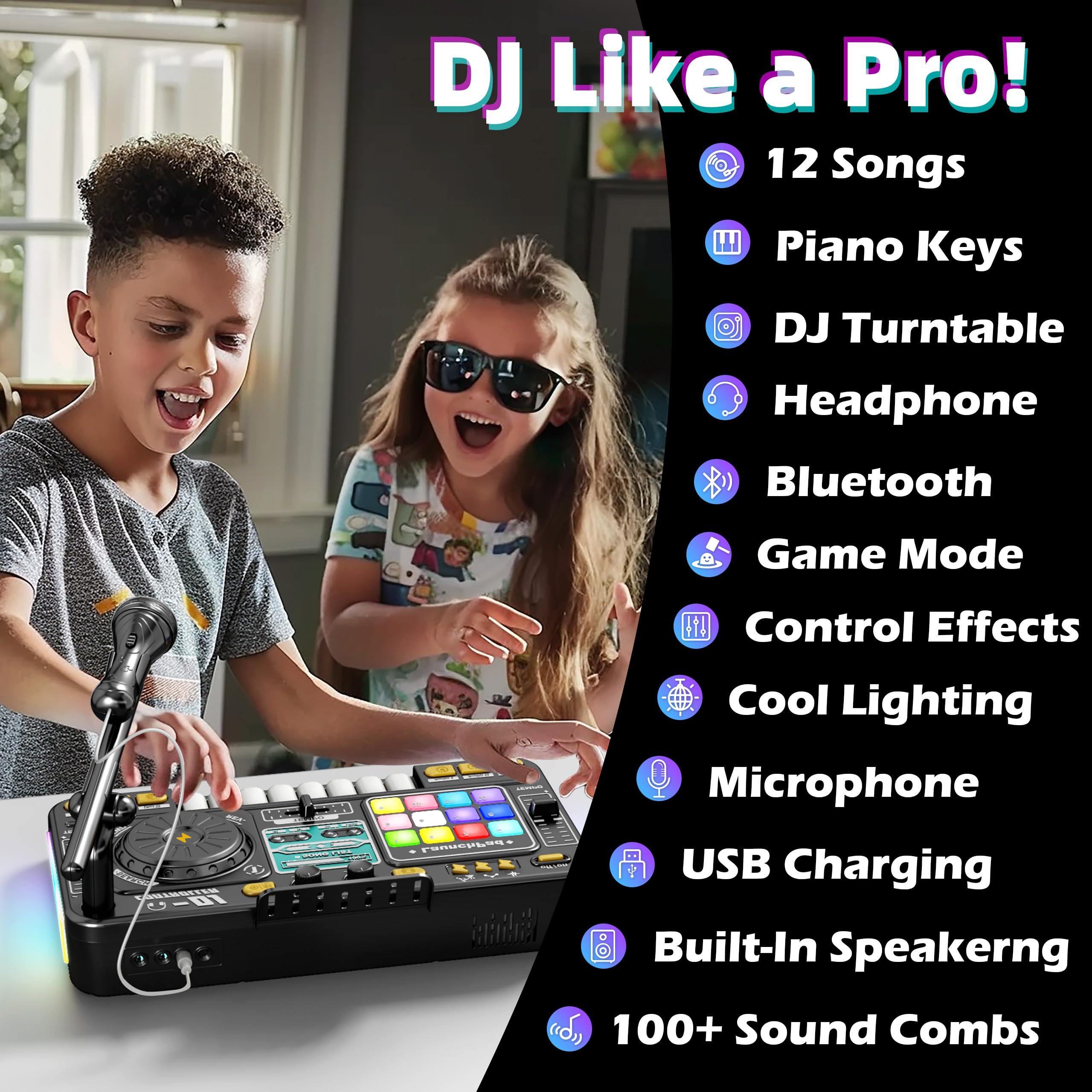 Zwei Kinder spielen einen DJ-Controller. Der Controller hat Lichter und verschiedene Knöpfe. Zu den Funktionen gehören 12 Songs und USB-Aufladung.