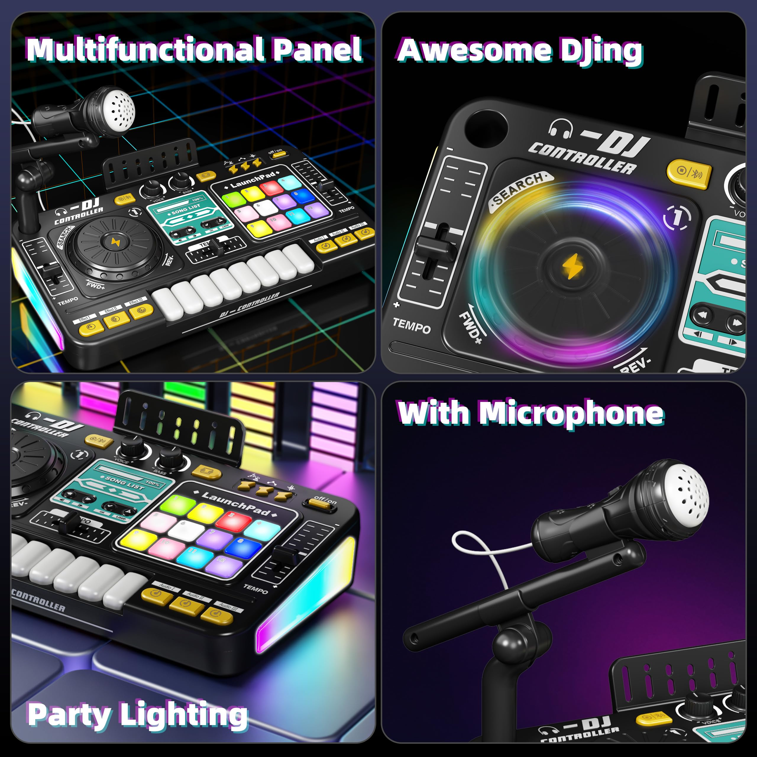 DJ-Controller mit mehreren Ansichten, die Knöpfe, Lichter und Mikrofon zeigen. Schwarzer Hintergrund.