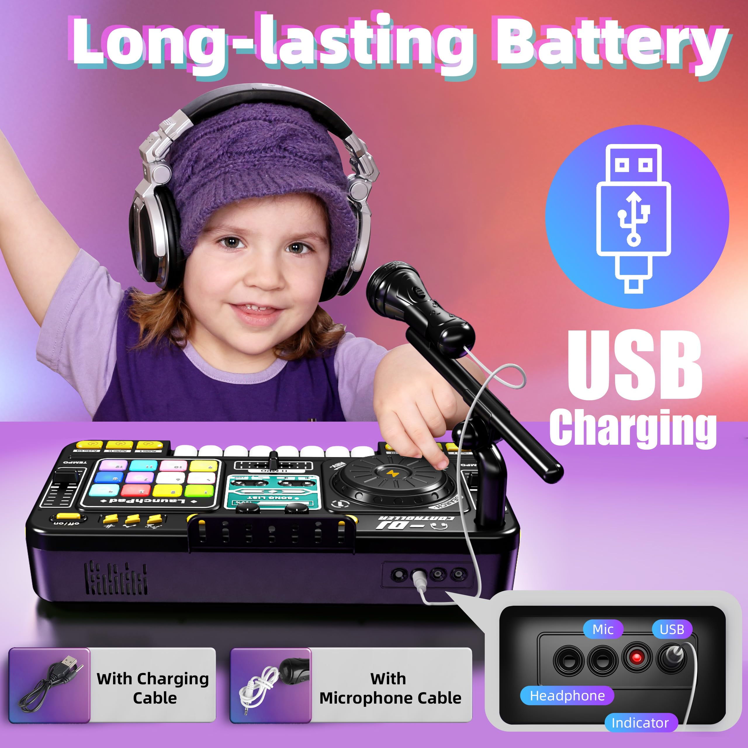 Ein Kind mit Kopfhörern spielt einen DJ-Controller. Ein USB-Ladeanschluss wird gezeigt. Das Produkt hat eine lange Akkulaufzeit.