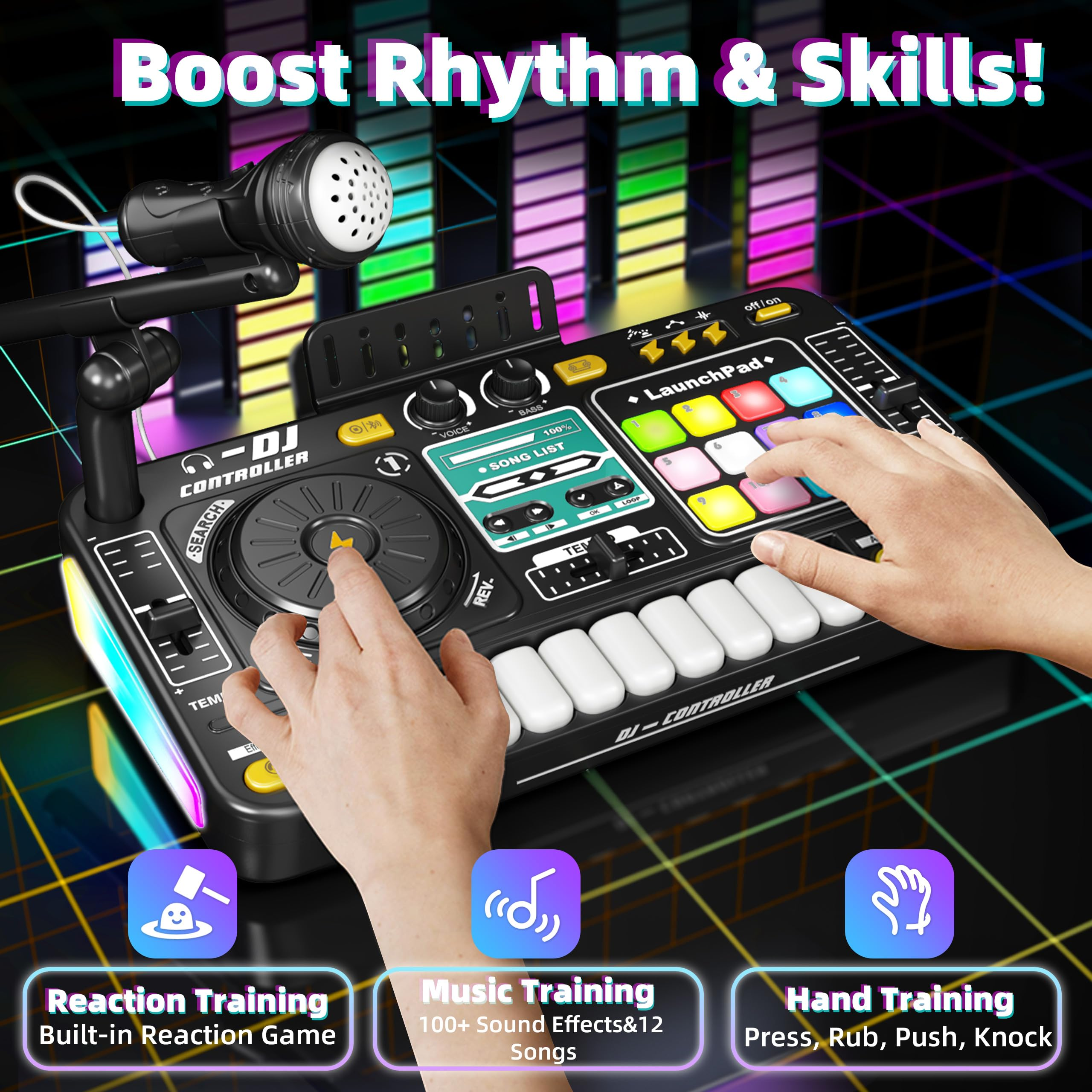 Hände spielen einen DJ-Controller. Zu den Funktionen gehören Musiktraining, Reaktionstraining und Handtraining. Der Hintergrund hat Lichter.