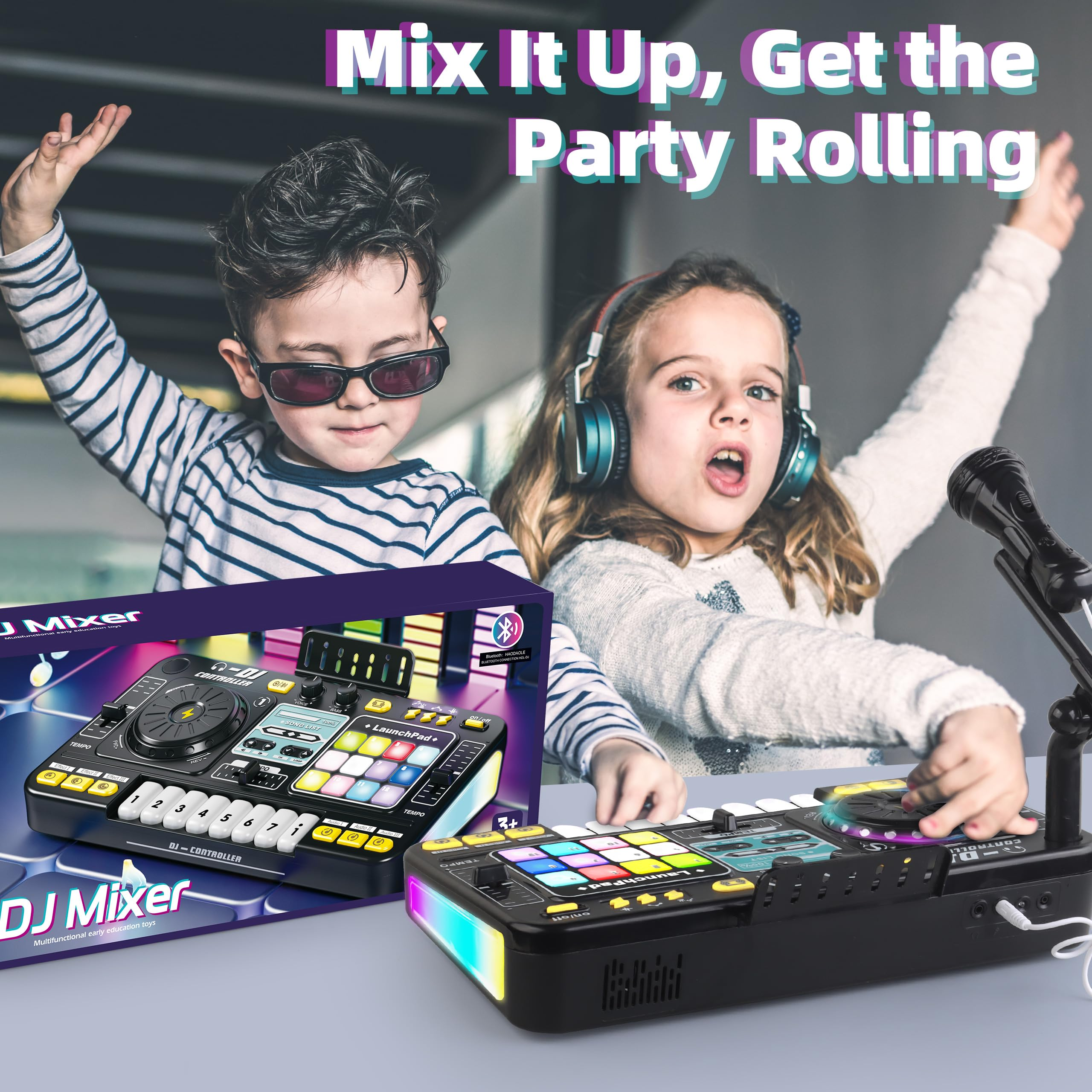 Zwei Kinder spielen mit DJ-Mixern. Text: Mix it up, get the party rolling. Buntes Launchpad sichtbar.