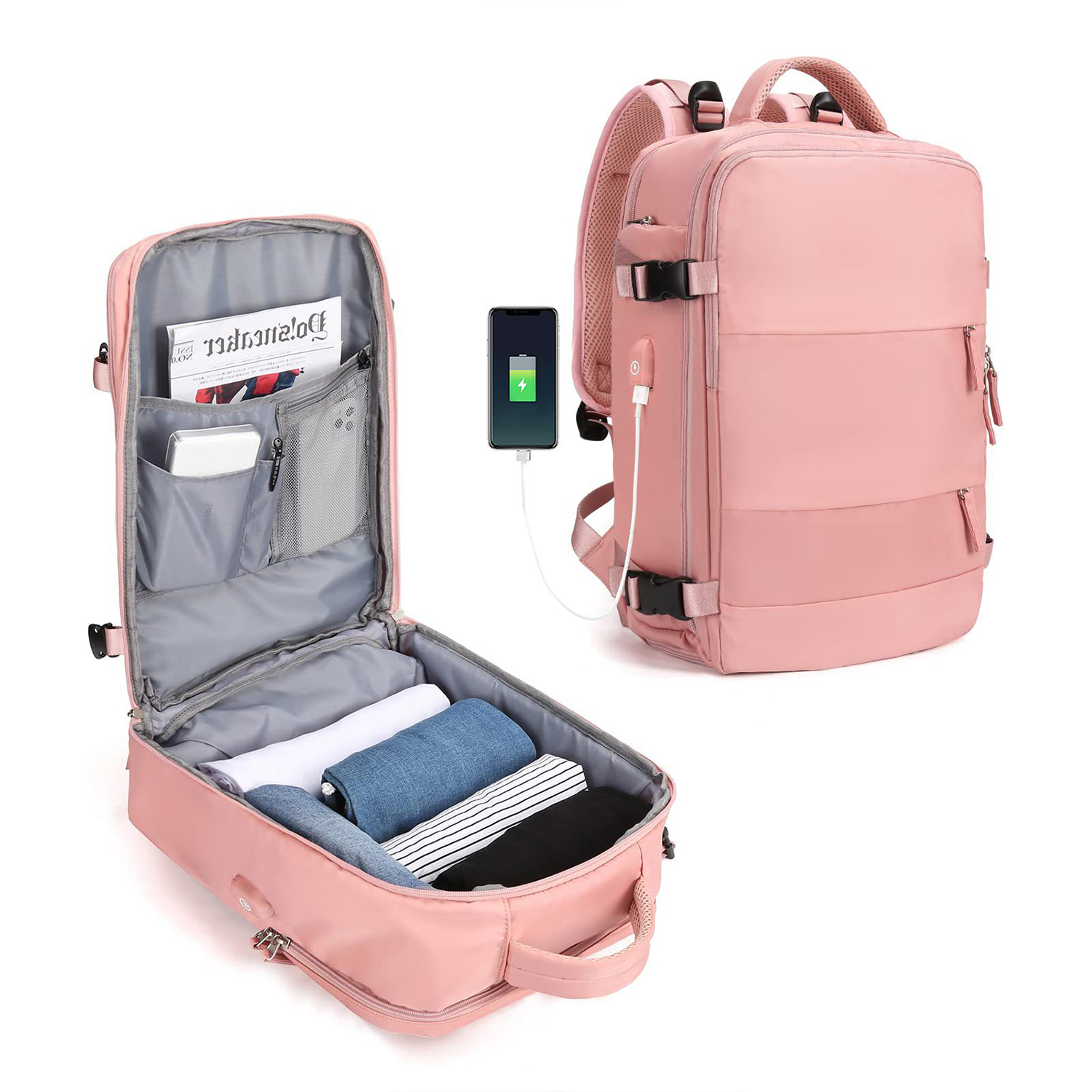 Rosa Rucksack-Koffer, geöffnet mit Kleidung und Zubehör. Telefon wird über USB am Rucksack geladen.