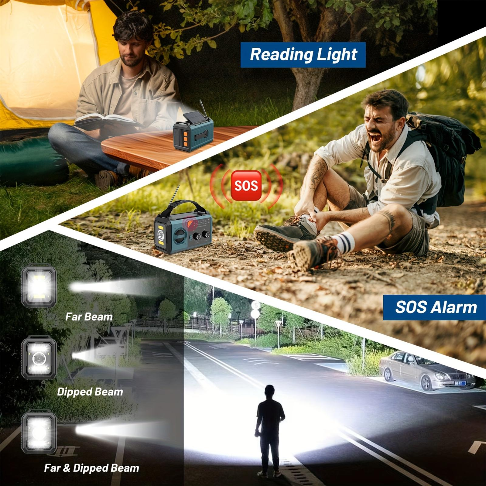 Mehrere Bilder zeigen eine tragbare Lampe. Sie hat Leselicht, SOS-Alarm und verschiedene Strahlmodi.