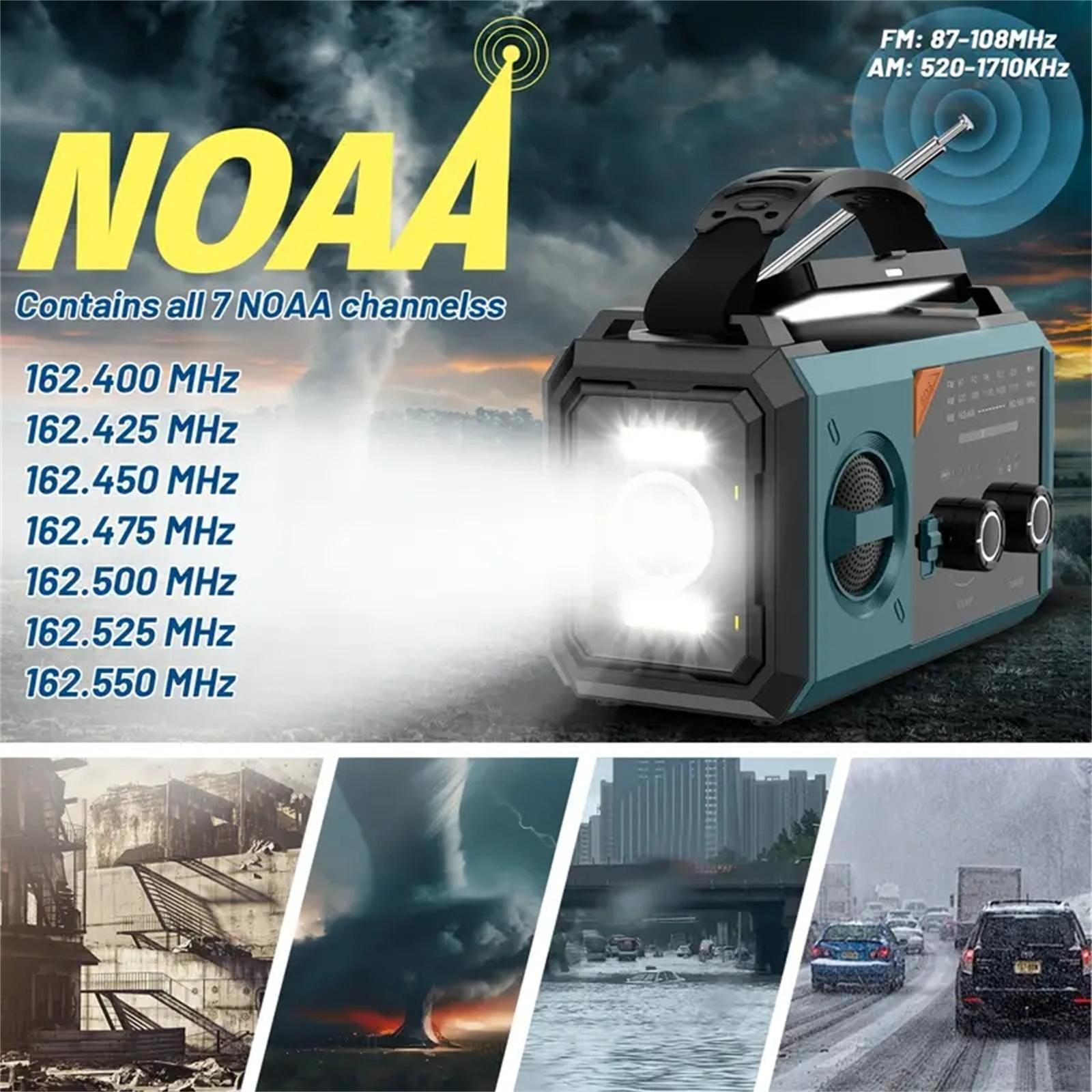 Ein tragbares NOAA-Radio mit hellem Licht, Bildern von Katastrophen und Frequenzinformationen.