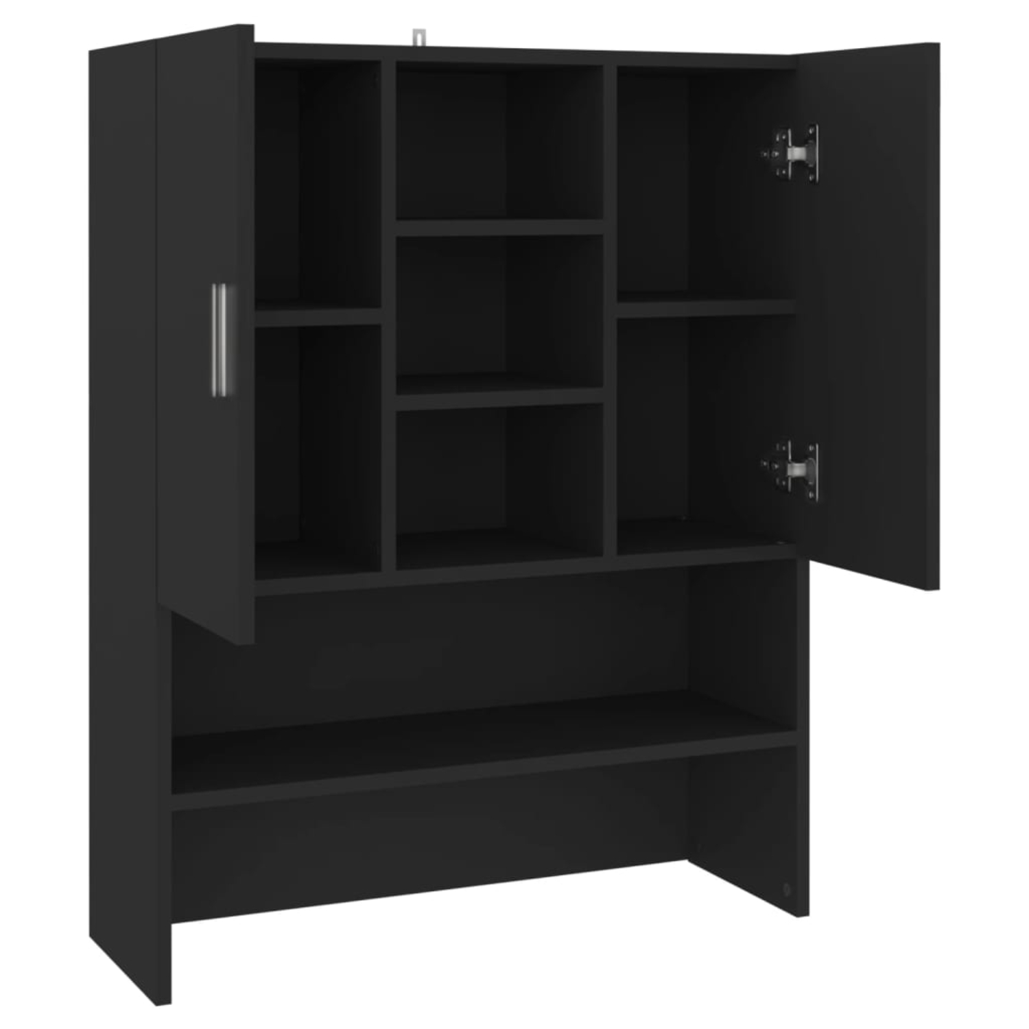 Schwarzer Schrank mit mehreren Fächern, offen. Der Hintergrund ist eine weiße Wand.