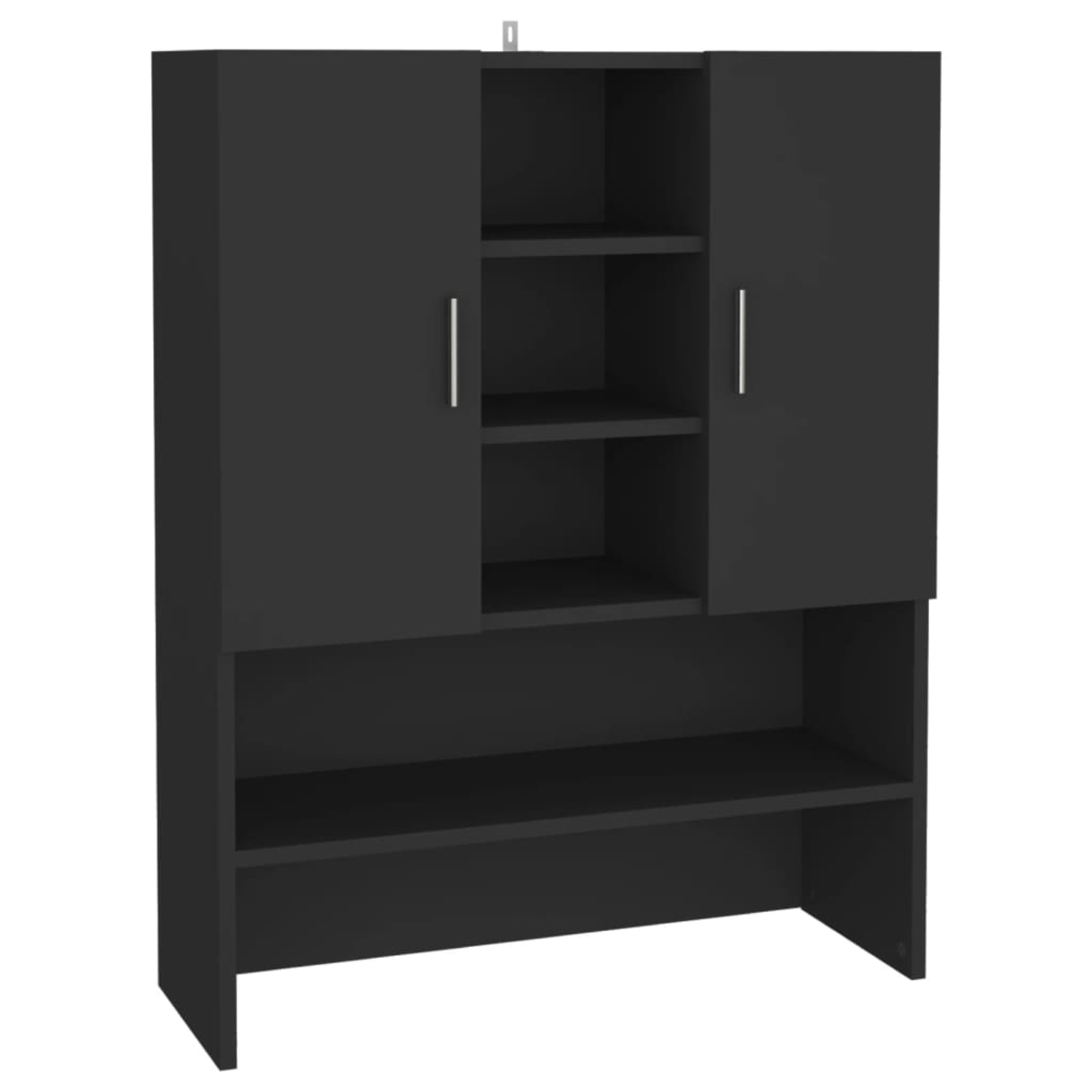 Ein schwarzer Schrank mit Türen und Regalen. Er hat zwei Türen oben und offene Regale unten.