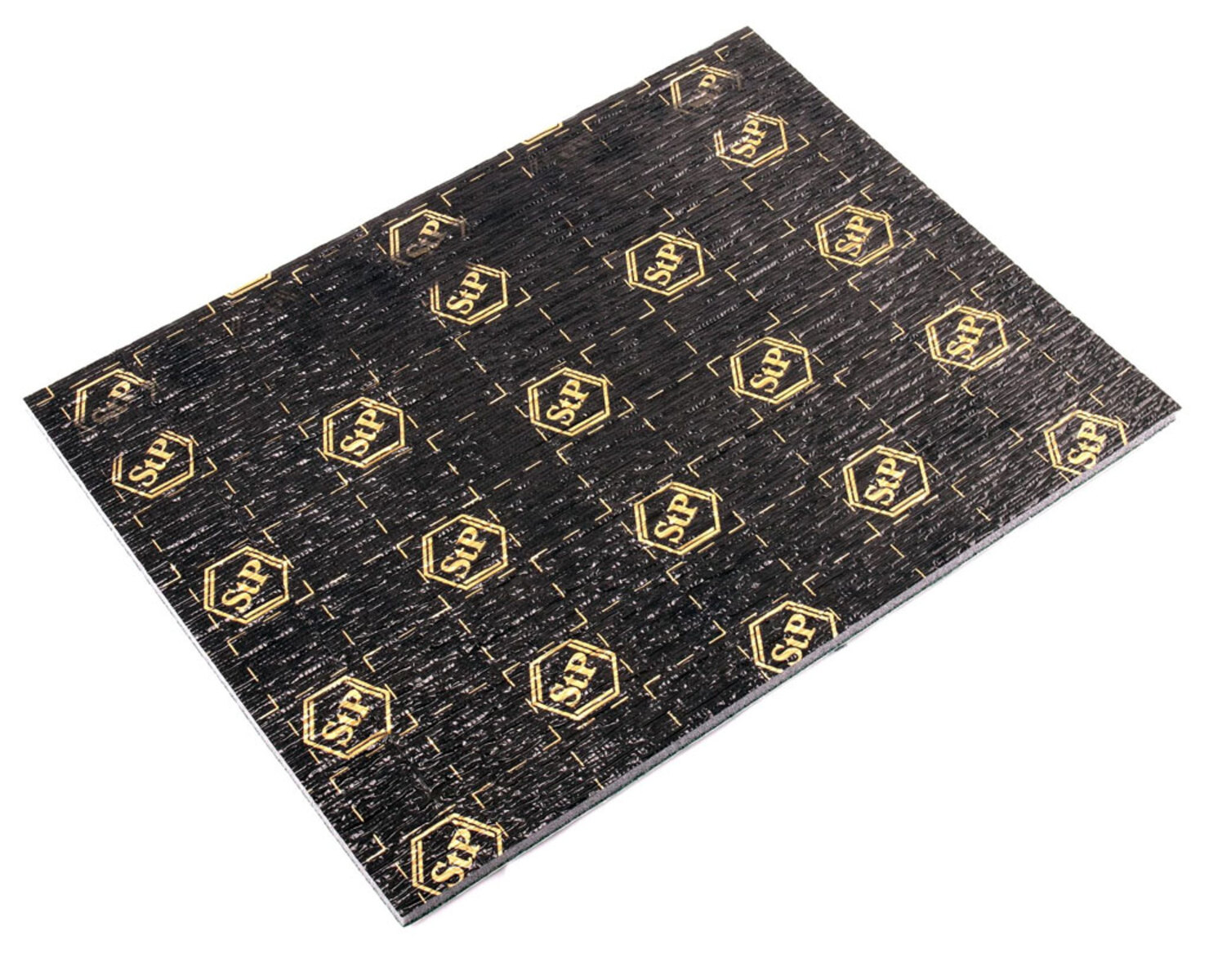 Ein rechteckiges schwarzes Blatt mit einem Muster aus goldenen Logos. Die Logos sind sechseckig.