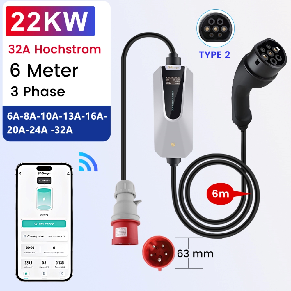 EV-Ladegerät mit mobiler App, Typ-2-Stecker und einem 6 Meter langen Kabel.