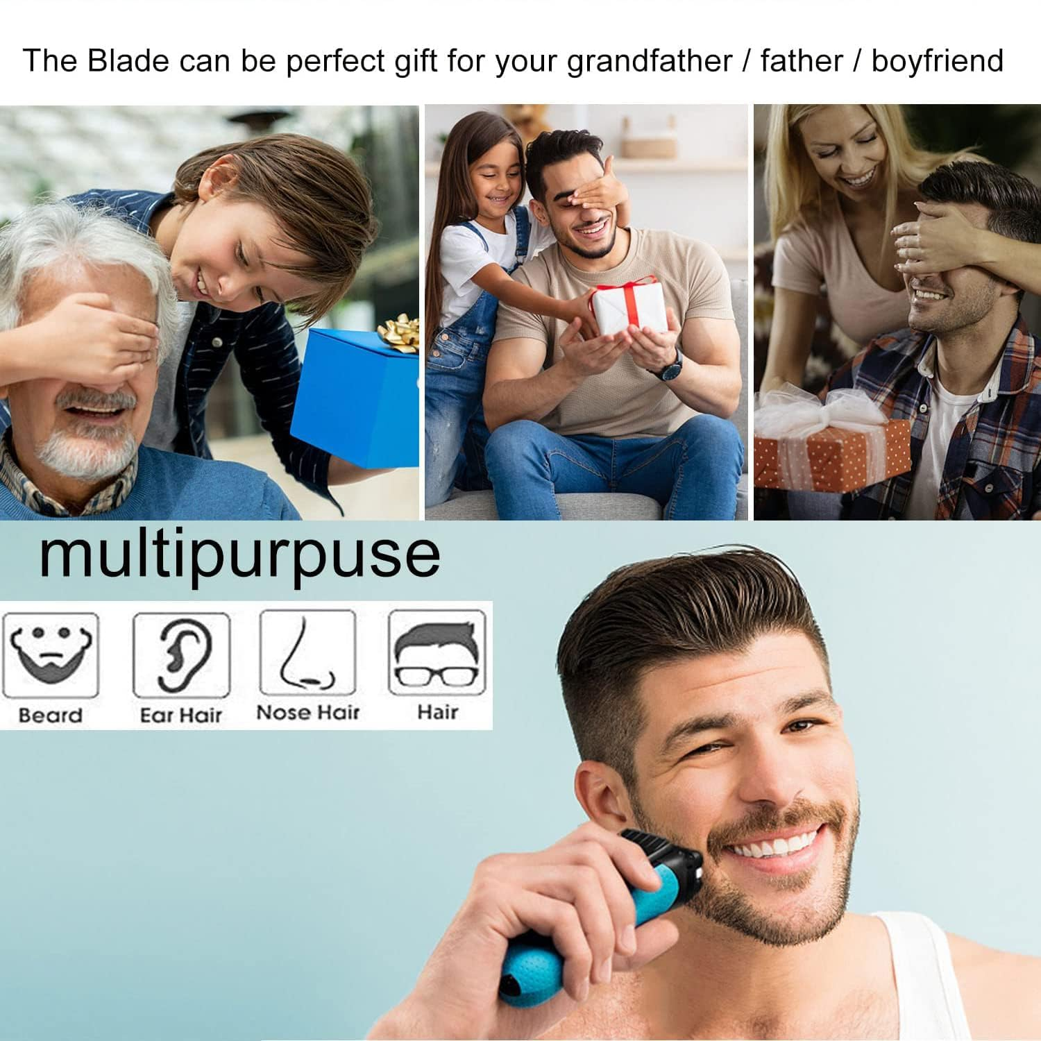 Eine Collage, die Menschen beim Schenken und Rasieren zeigt. Text: 'multipurpose'.