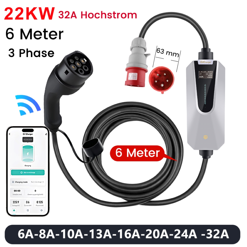 EV-Ladegerät mit mobiler App, mehreren Steckern und einem 6-Meter-Kabel.