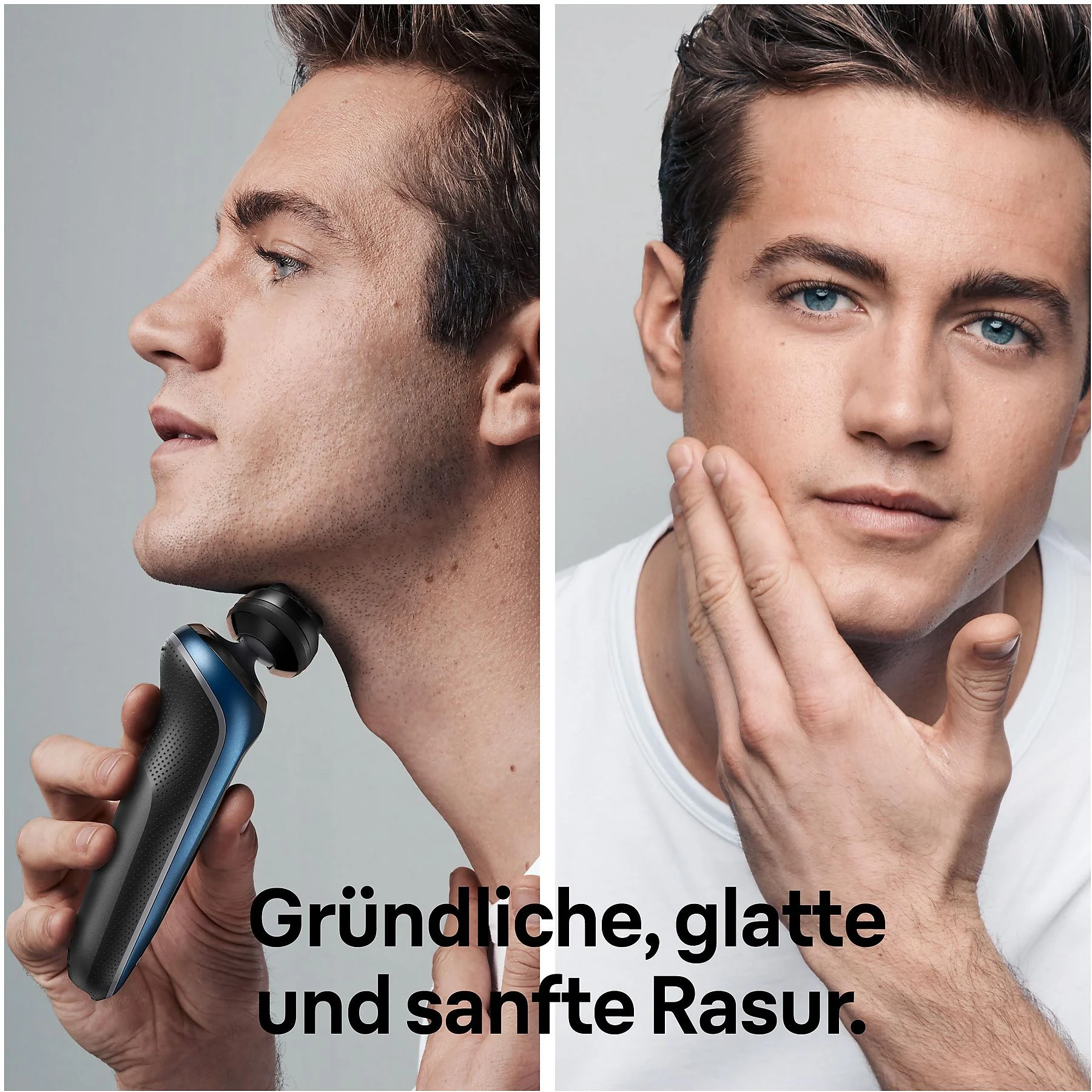 Mann rasiert sich mit einem schwarz-blauen Rasierer. Text: Gründliche, glatte Rasur.