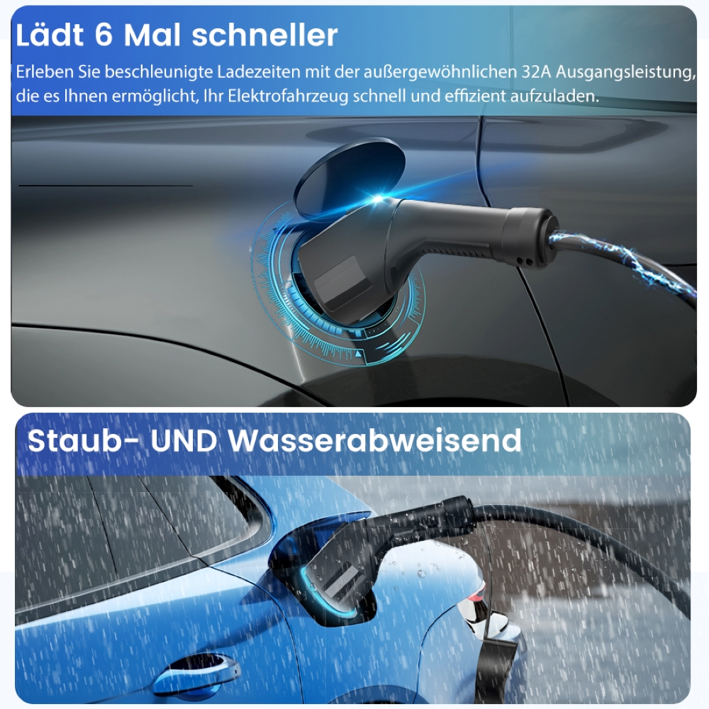 Ein Auto wird mit einem Stecker geladen, mit Text über schnelles Laden und Wasserbeständigkeit.