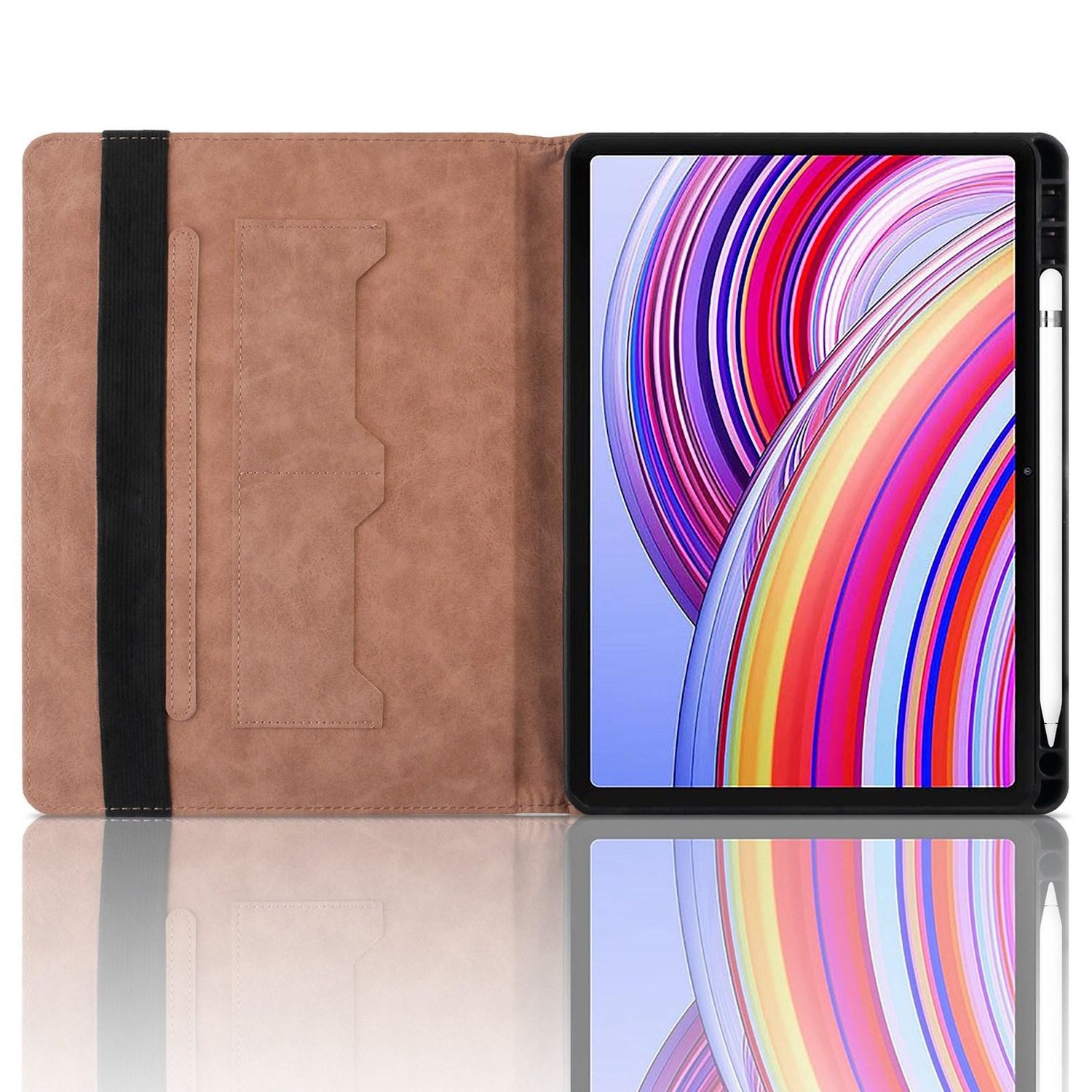 Ein Tablet in einer braunen Hülle mit einem Stift in offener Position.