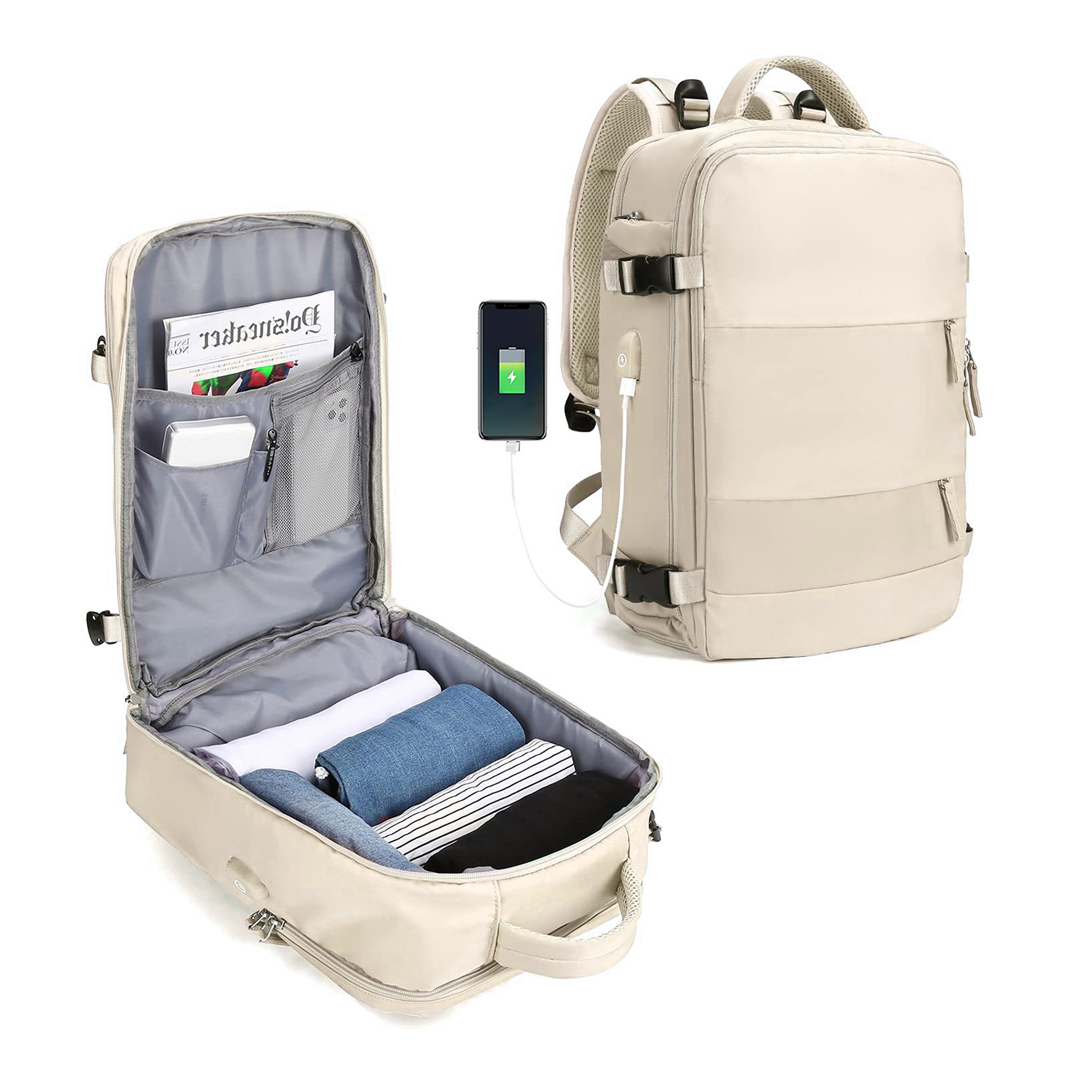 Beiger Rucksack offen, zeigt Kleidung. Ein Telefon wird geladen.