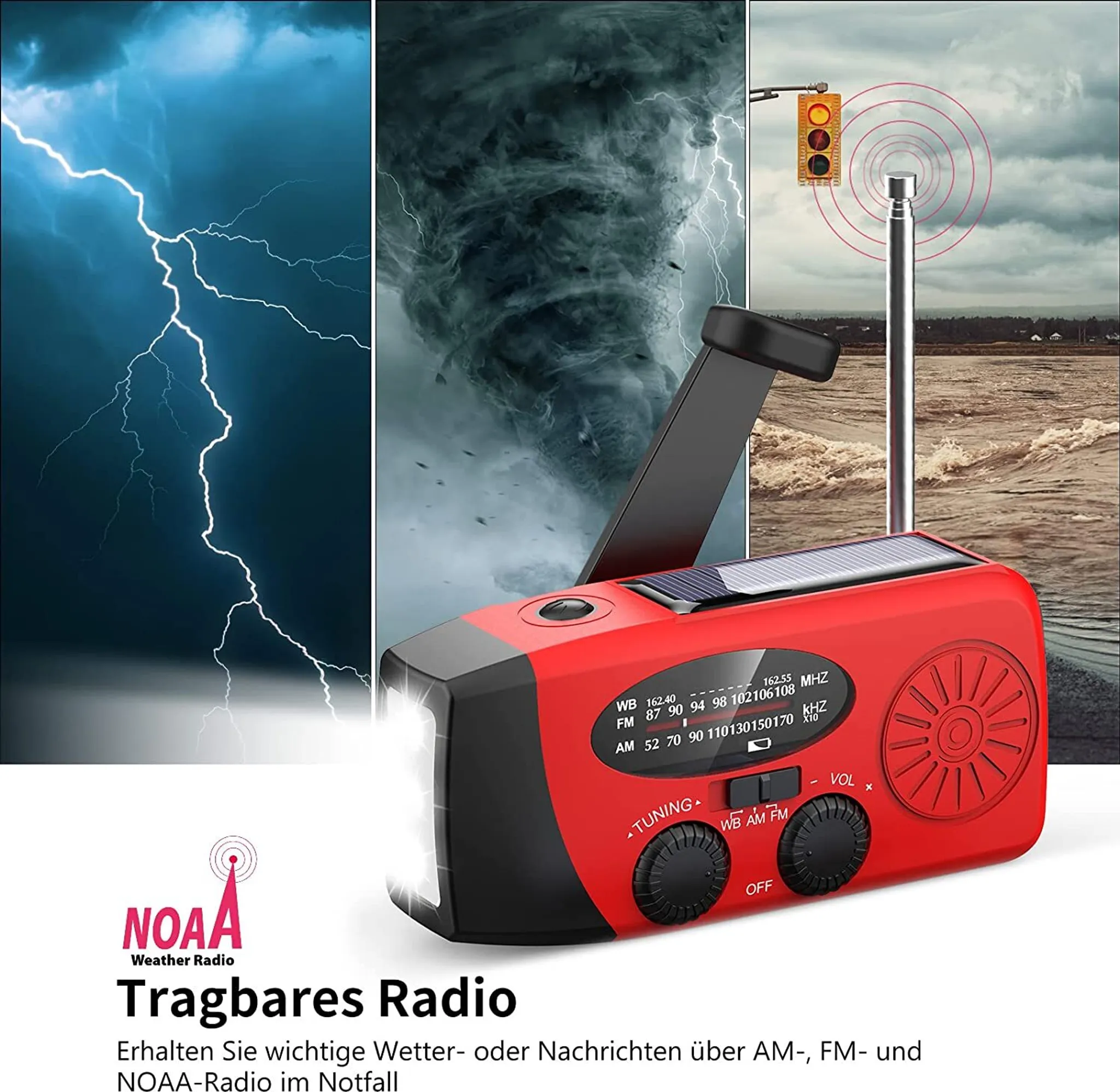 Rotes Notfallradio mit Taschenlampe. Gezeigt mit Blitz, Sturm und Ampelbildern.