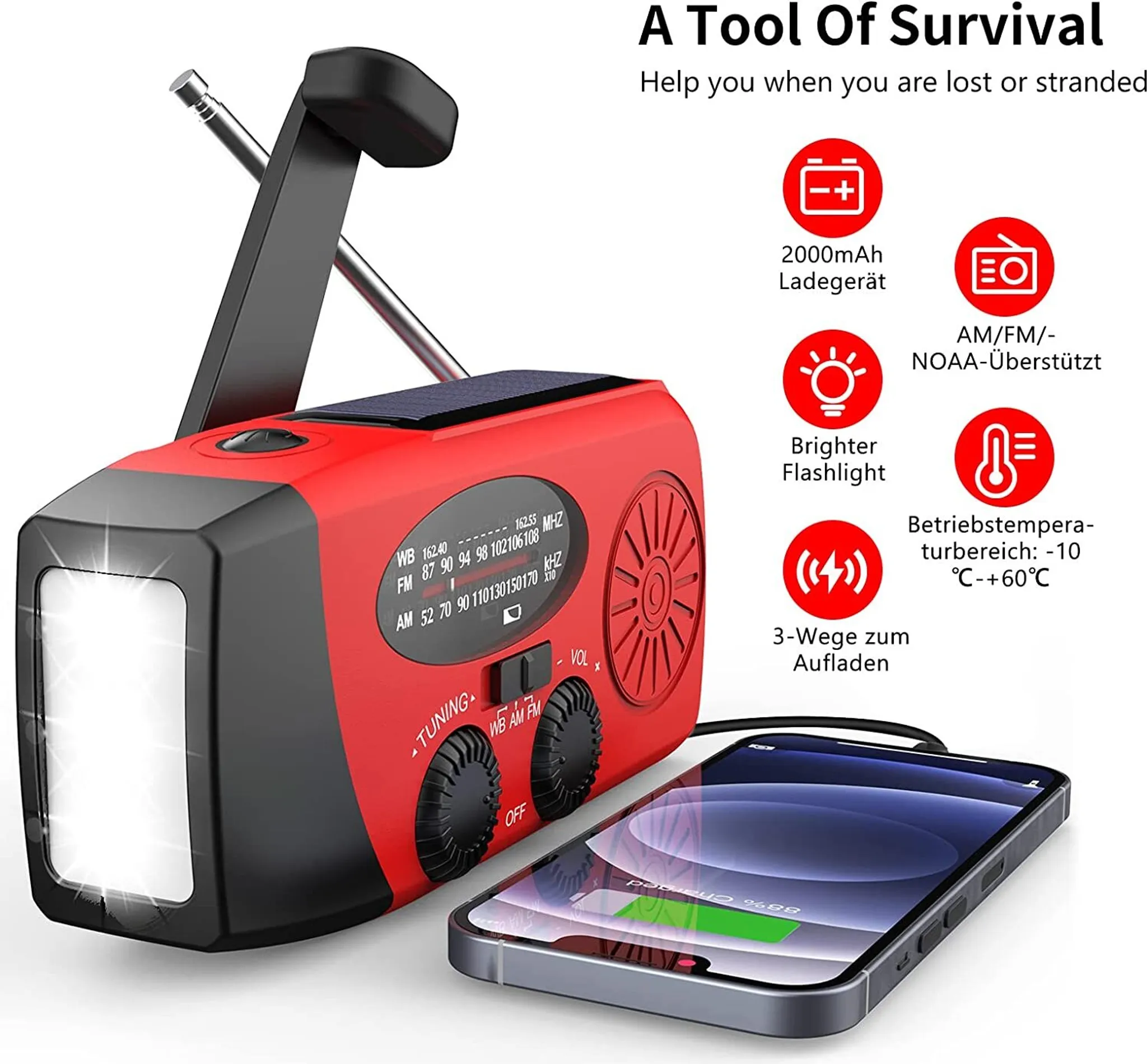 Rotes Notfallradio mit Taschenlampe. Ein Telefon wird geladen. Text: 'A Tool Of Survival'.