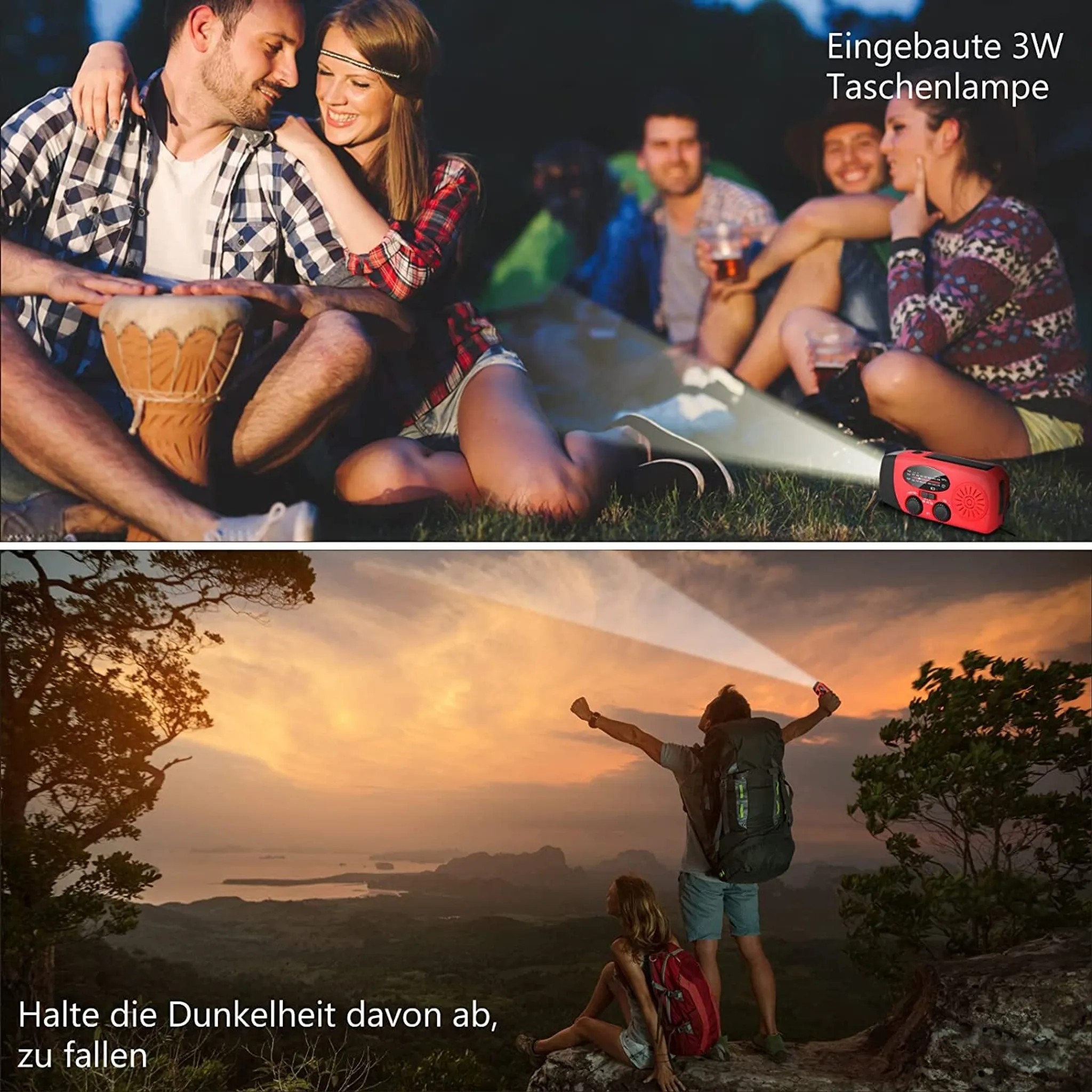 Leute campen nachts, Lagerfeuer, Trommel, Taschenlampe. Zweite Szene, Person, die Licht auf Berge scheint.