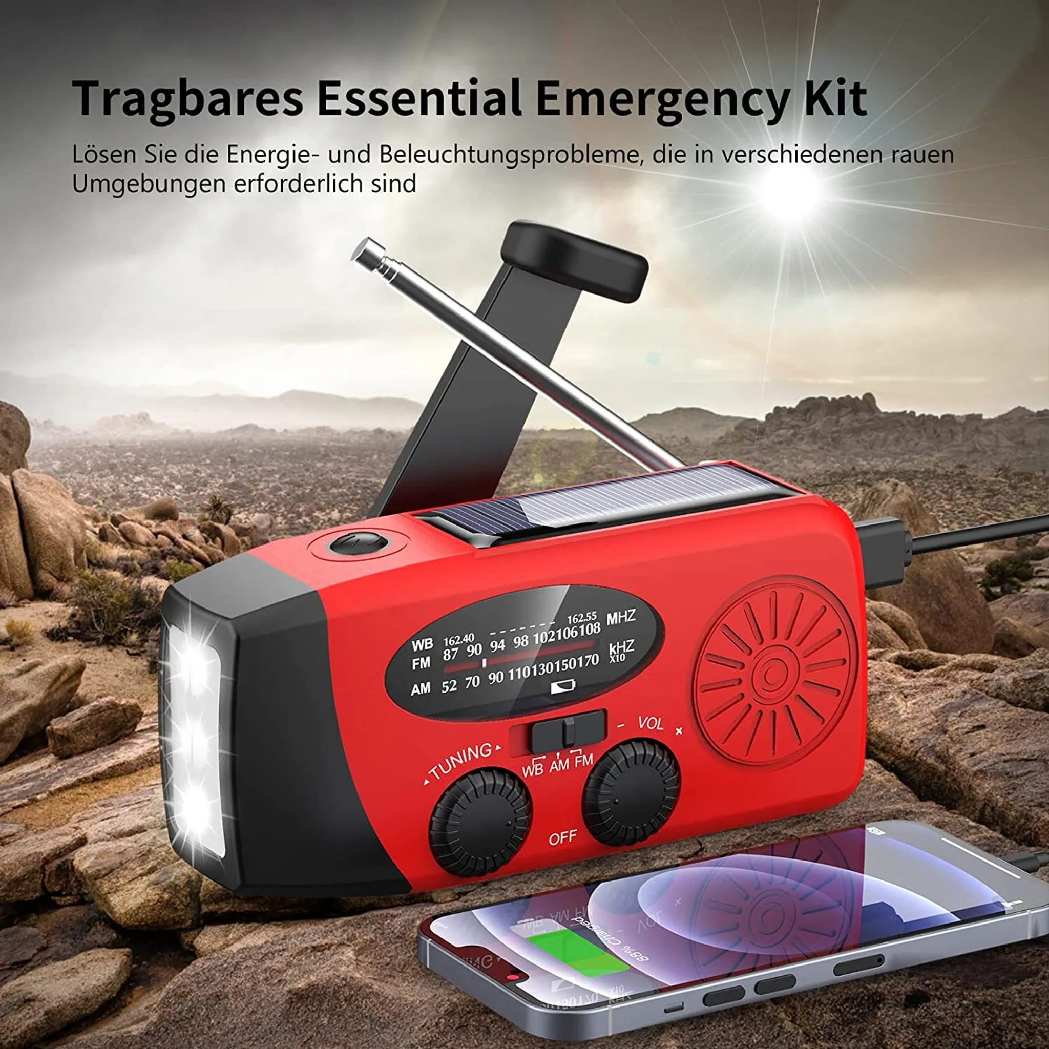 Rotes Notfallradio mit Solarpanel, Taschenlampe und Telefonladung. Zeigt drei Lademethoden.