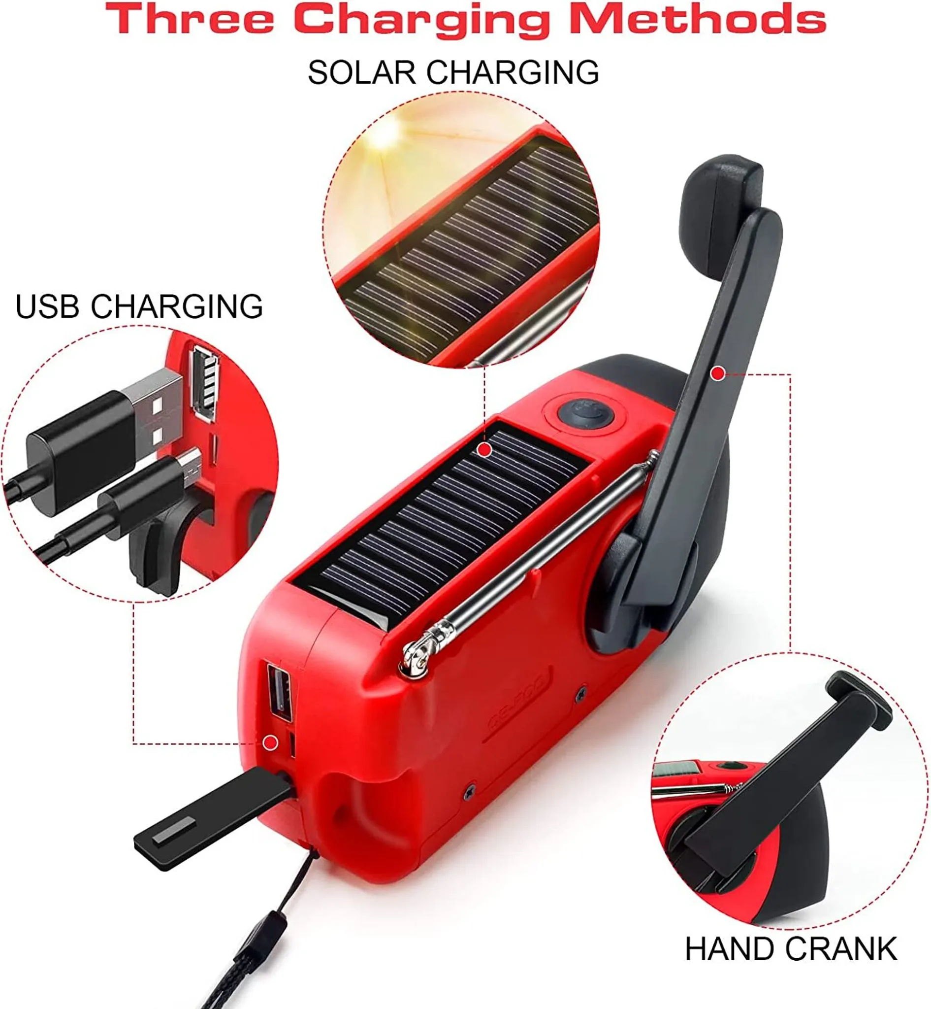 Notfallradio mit drei Lademethoden: USB, Solar und Handkurbel. Rotes Design.