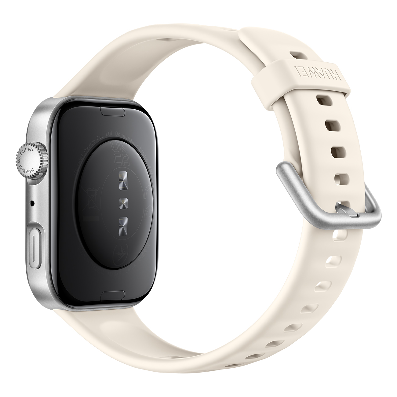 Smartwatch plateado con banda blanca. La parte trasera del reloj es visible. Fondo blanco.