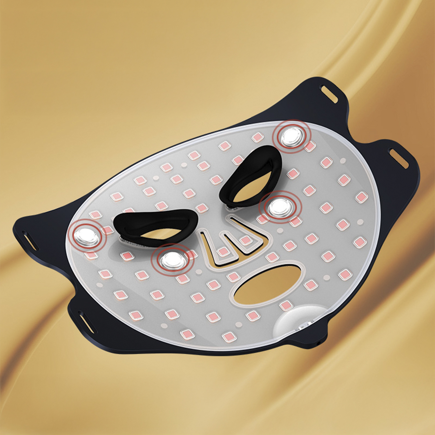 LED-Gesichtsmaske auf beigem Hintergrund. Schwarz, mit Löchern für Augen, Mund. Kleine LED-Leuchten.