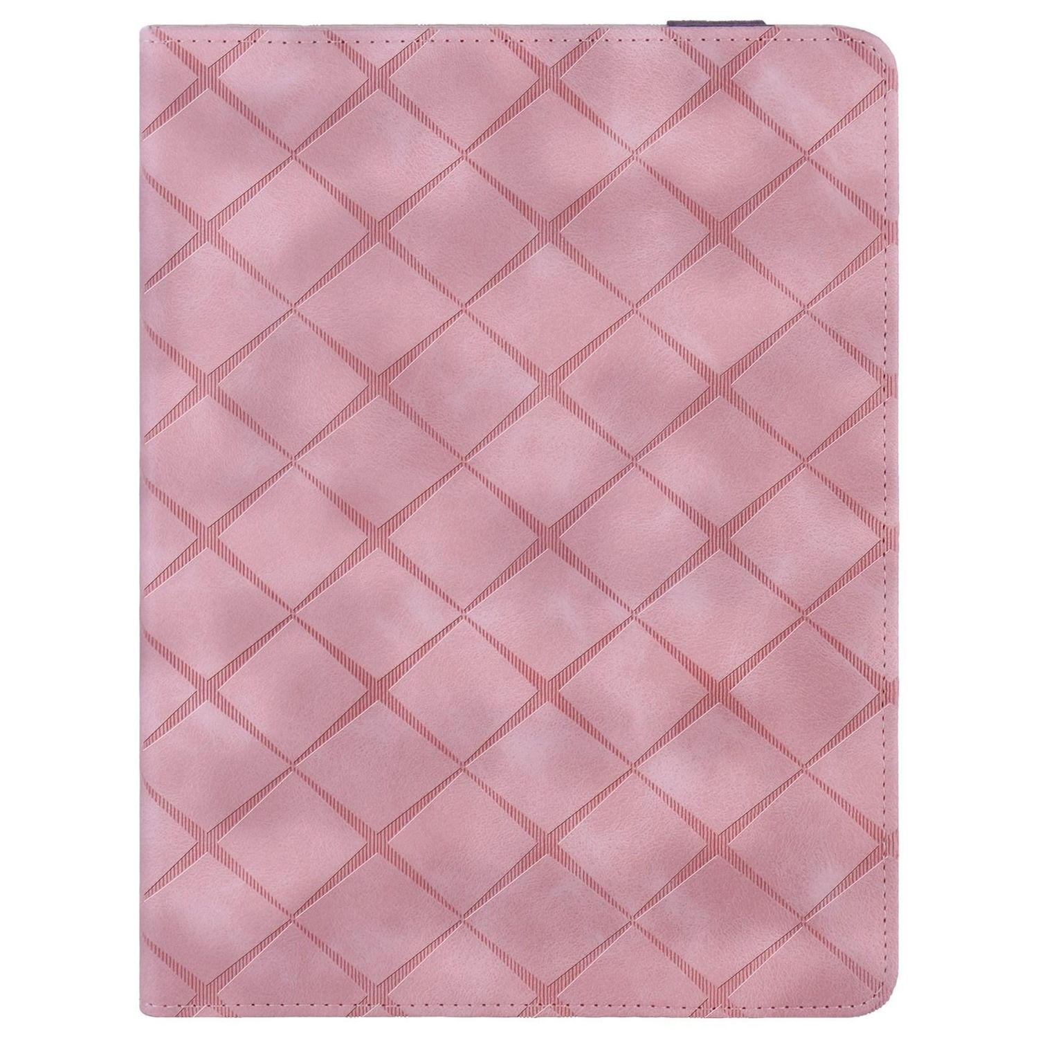 Rosa Tablet-Cover mit Rautenmuster. Textur. Geschlossener Koffer mit Muster. Diagonale Linien.