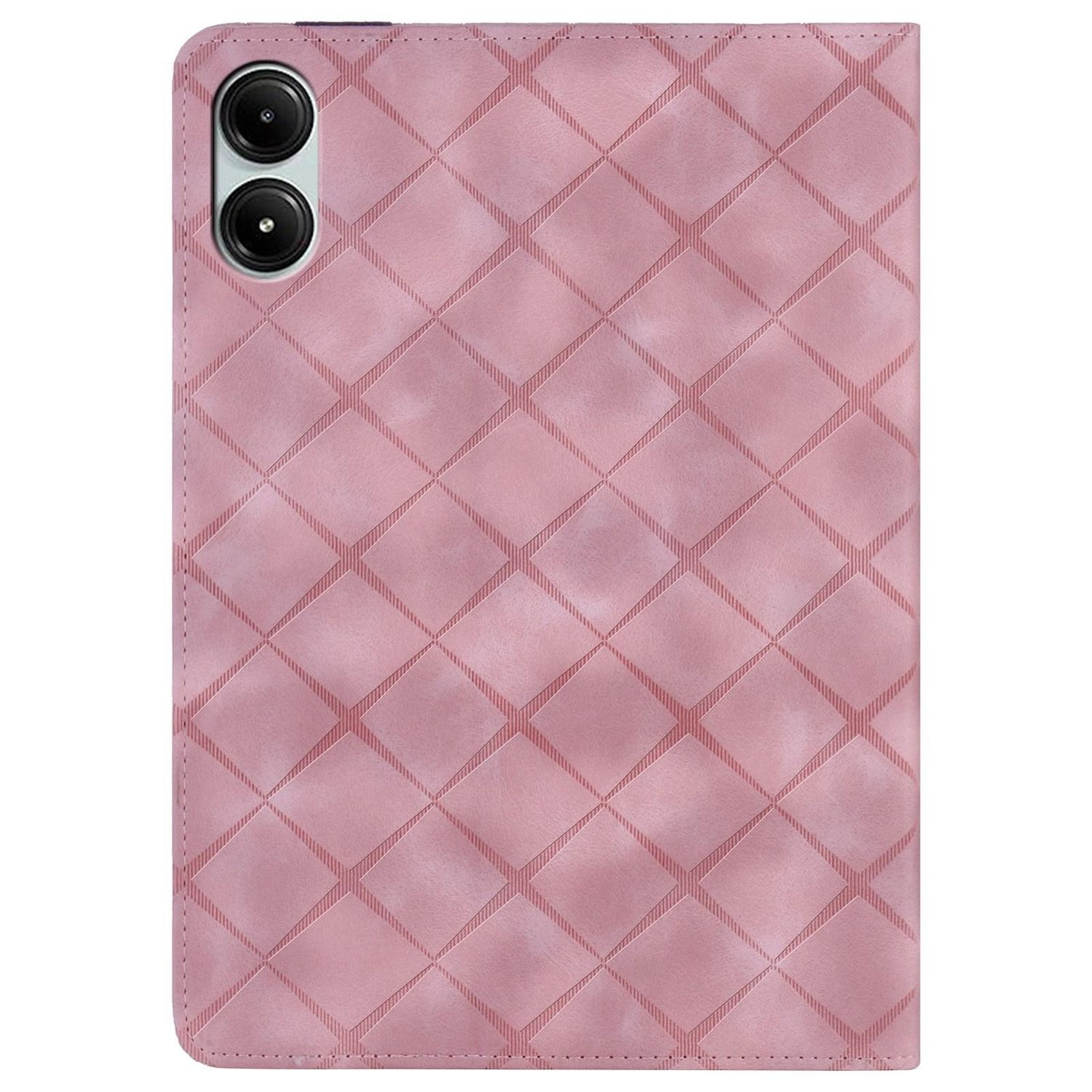 Rosa Tablet-Cover mit Rautenmuster. Gehäuse geschlossen. Doppelkamera oben.