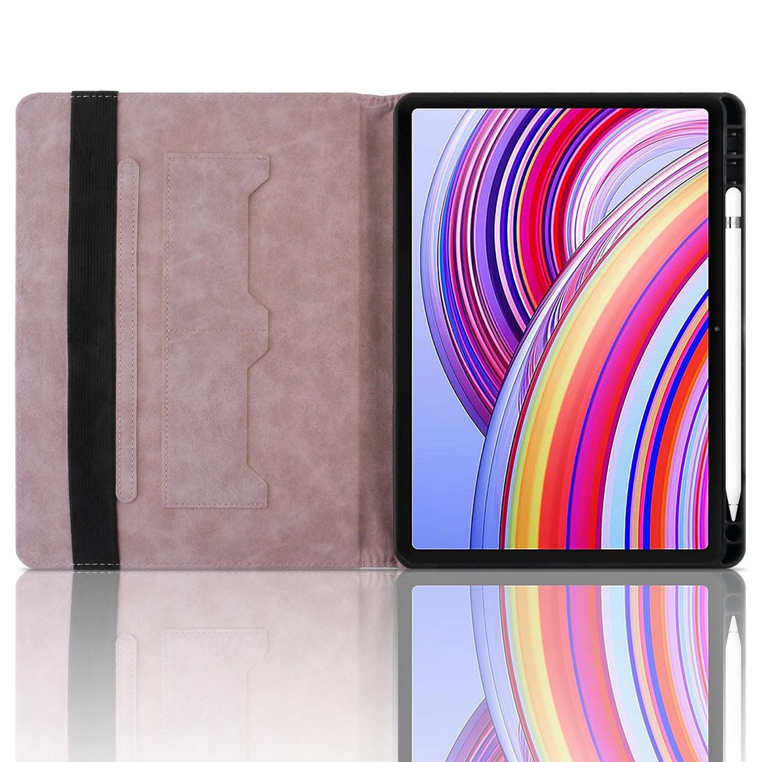 Geöffnete Tablethülle mit Tablet und Stift. Rosa Hülle, farbenfrohe Bildschirmreflexion.