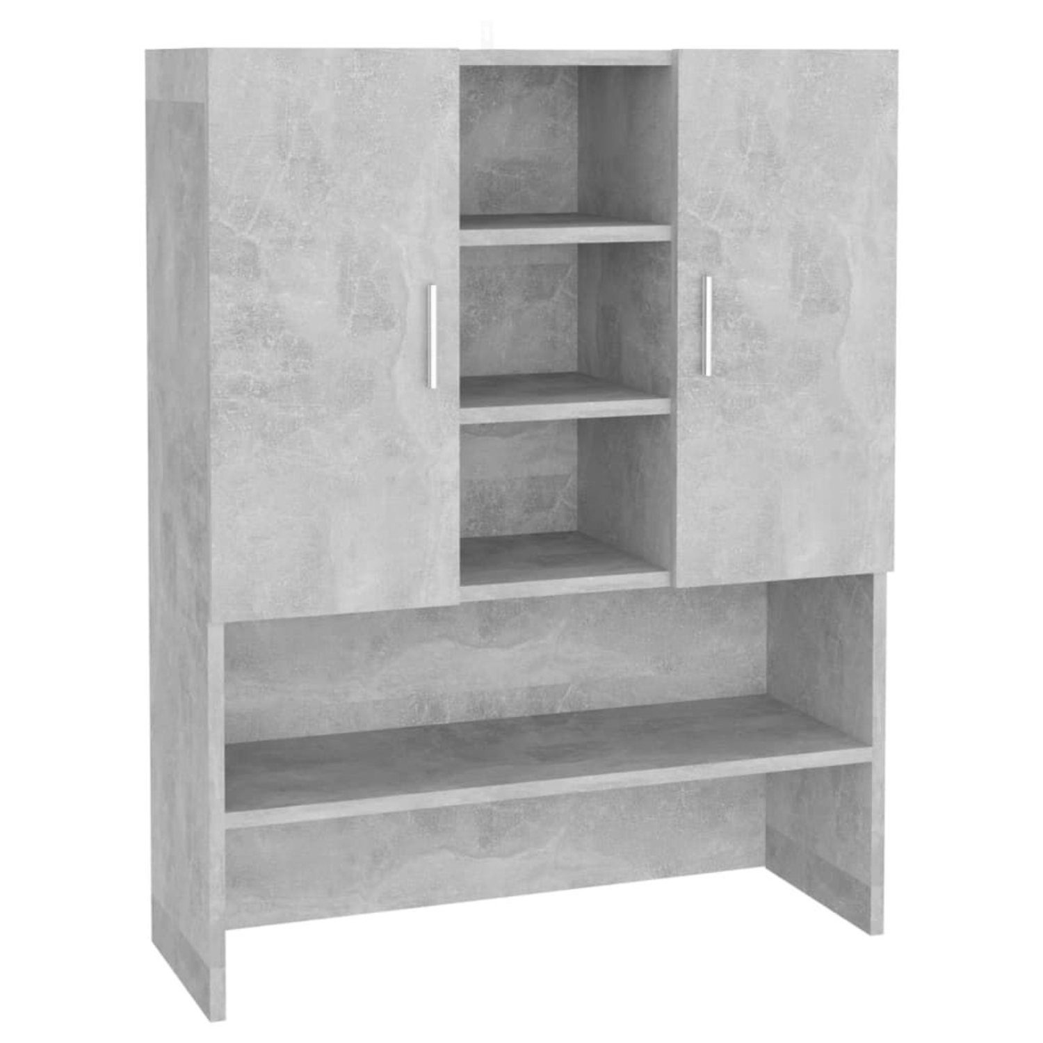 Ein grauer Schrank mit zwei Türen, zwei Regalen und einem offenen Mittelteil. Es hat eine betonartige Textur.