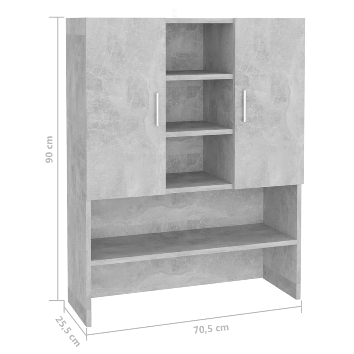 Ein grauer Schrank mit zwei Türen, zwei Regalen und einem offenen Bereich. Abmessungen: 90cm, 70,5cm, 25,5cm.